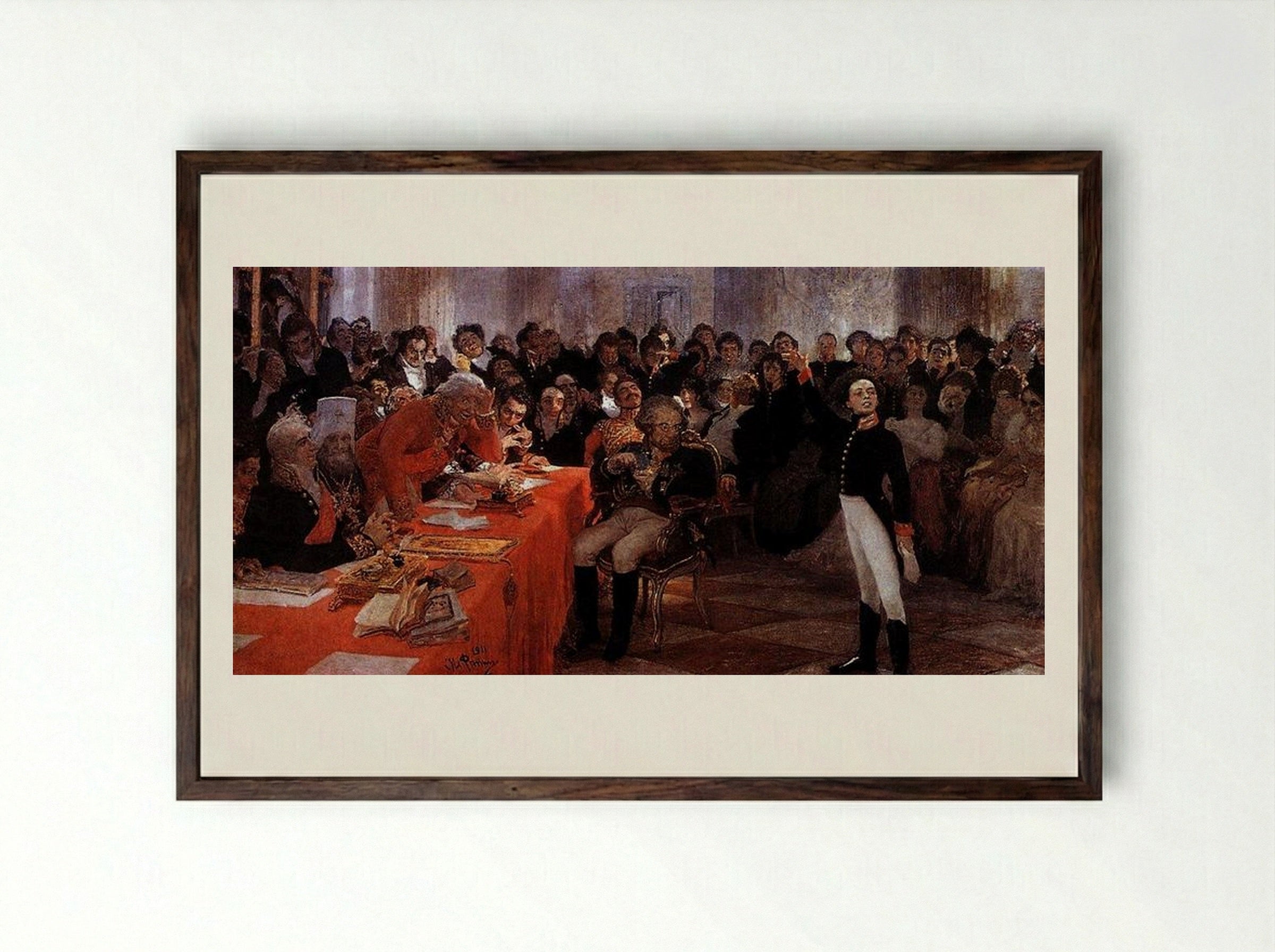 Pushkin Reciting His Poem at the Lyceum - Ilya Repin - Framed Print Dark Wood