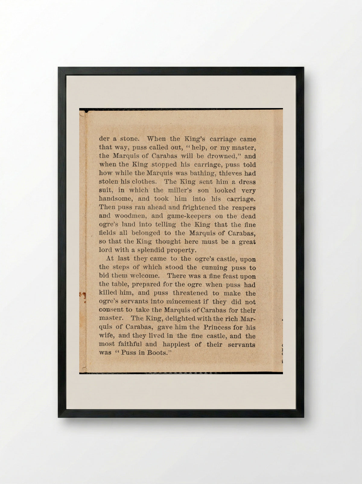 Puss in Boots Narrative Text - Fine Art Print - Framed Print Black