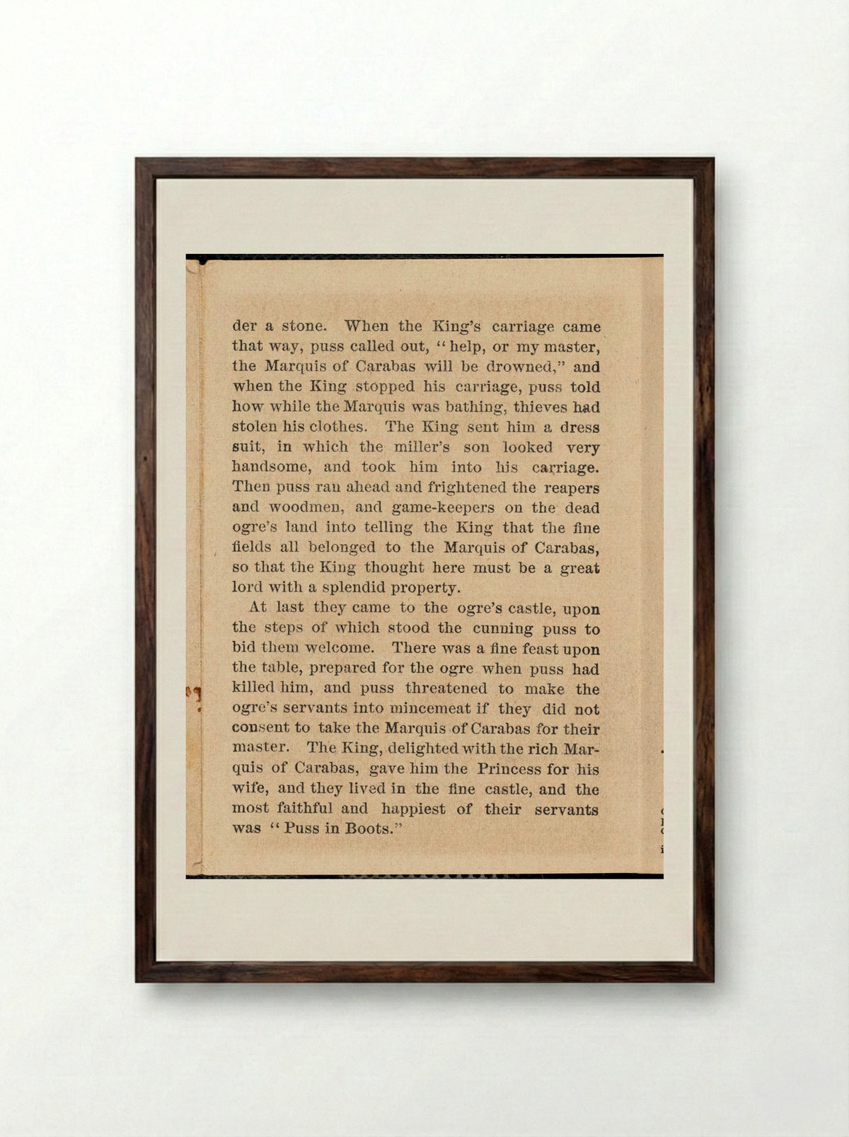Puss in Boots Narrative Text - Fine Art Print - Framed Print Dark Wood