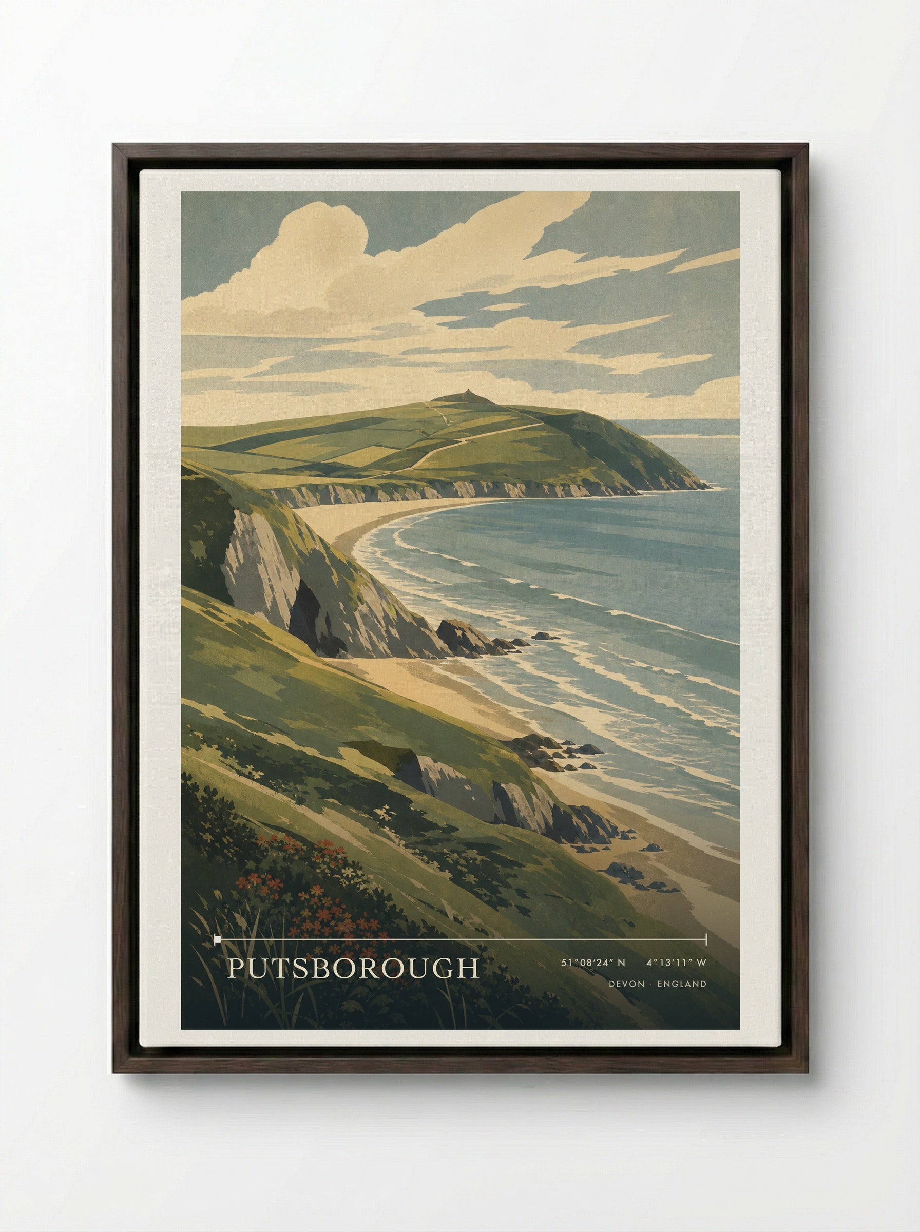 Putsborough Devon England Travel Poster - Framed Canvas Dark Wood