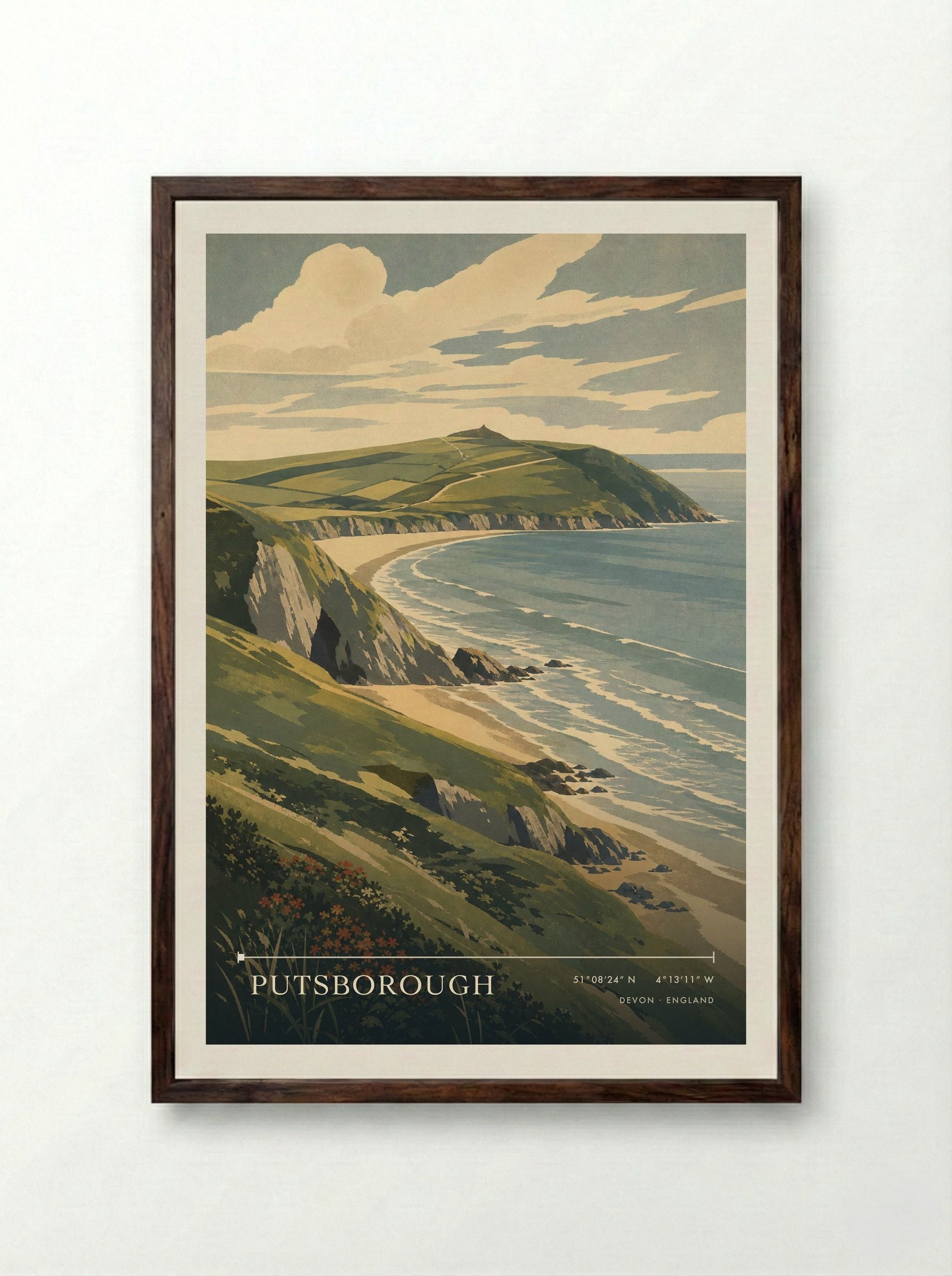 Putsborough Devon England Travel Poster - Framed Print Dark Wood
