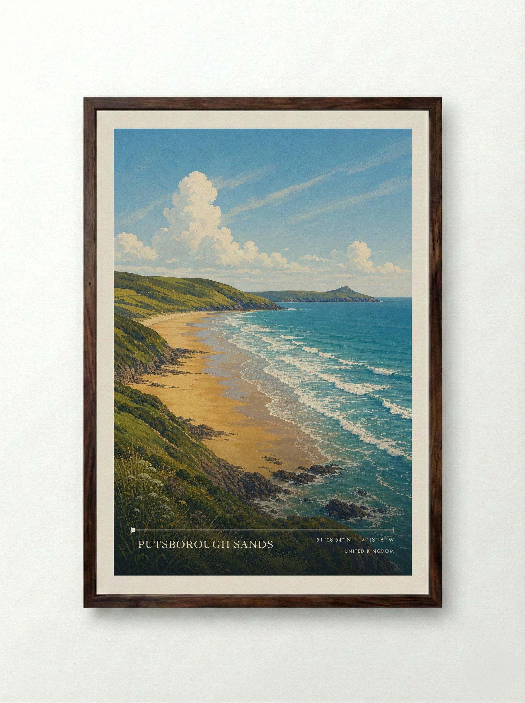 Putsborough Sands United Kingdom Travel Poster - Framed Print Dark Wood