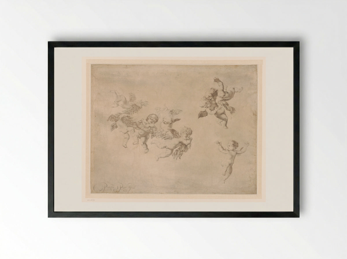 Putti met een guirlande van vruchten - Pieter de Porck - Framed Print Black