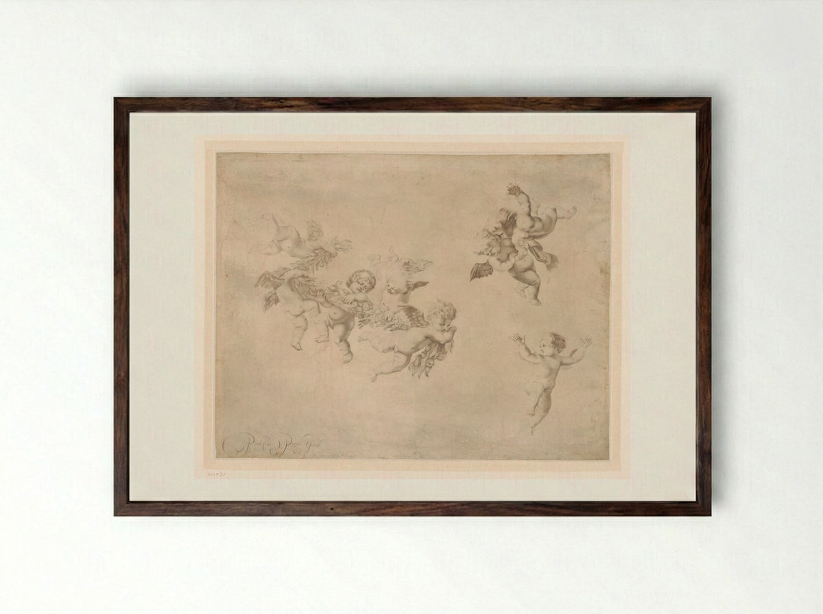 Putti met een guirlande van vruchten - Pieter de Porck - Framed Print Dark Wood