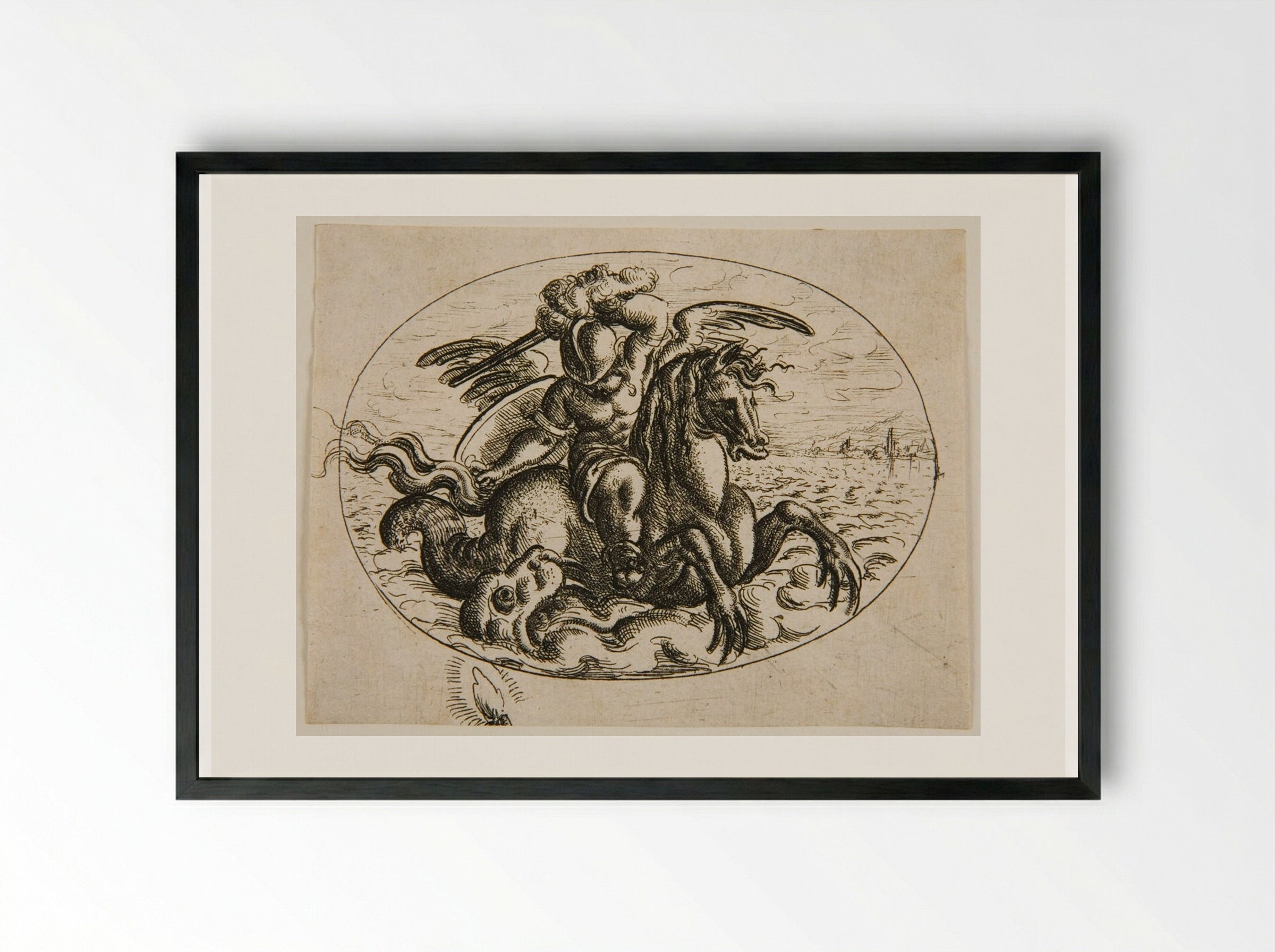 Putto on a Sea Horse - Christoph Jamnitzer - Framed Print Black