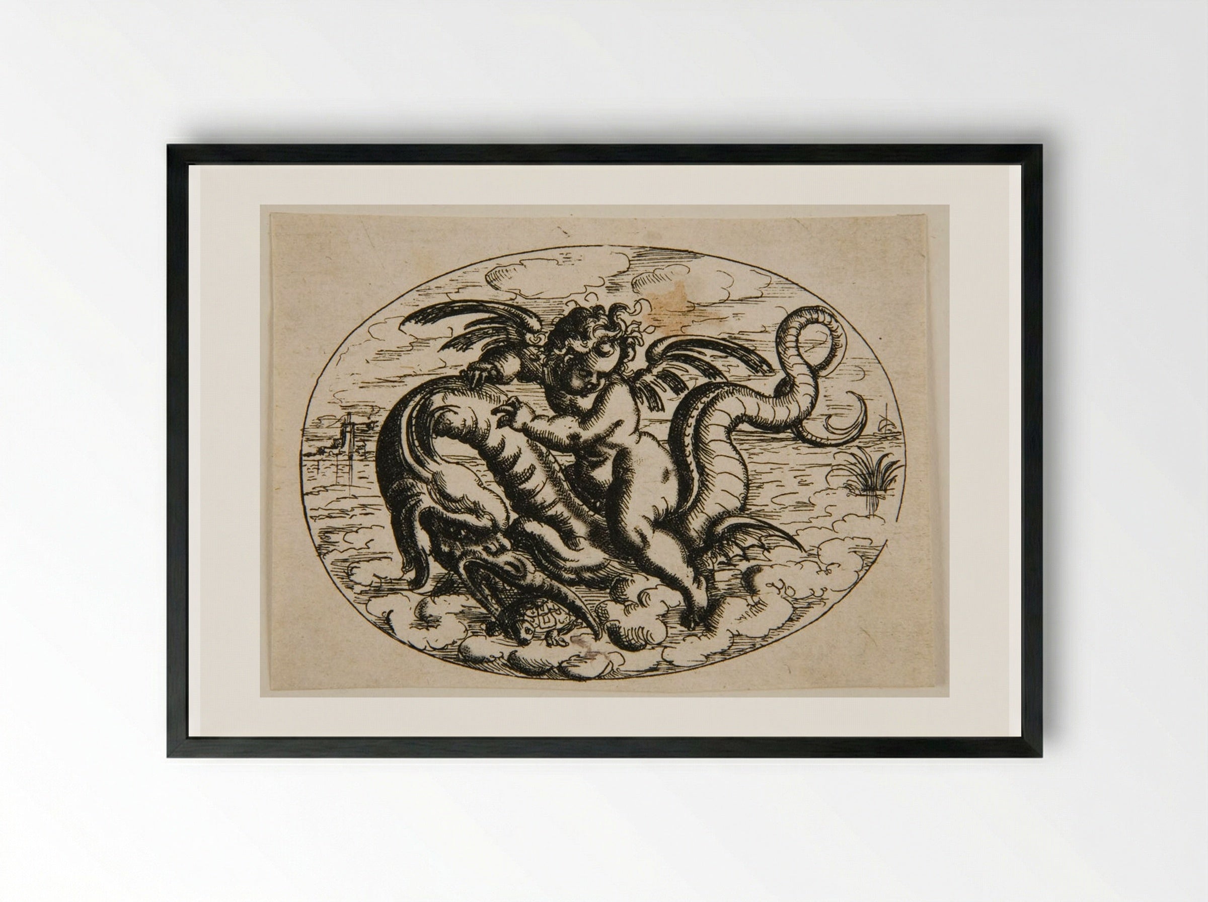 Putto on a Sea Monster - Christoph Jamnitzer - Framed Print Black