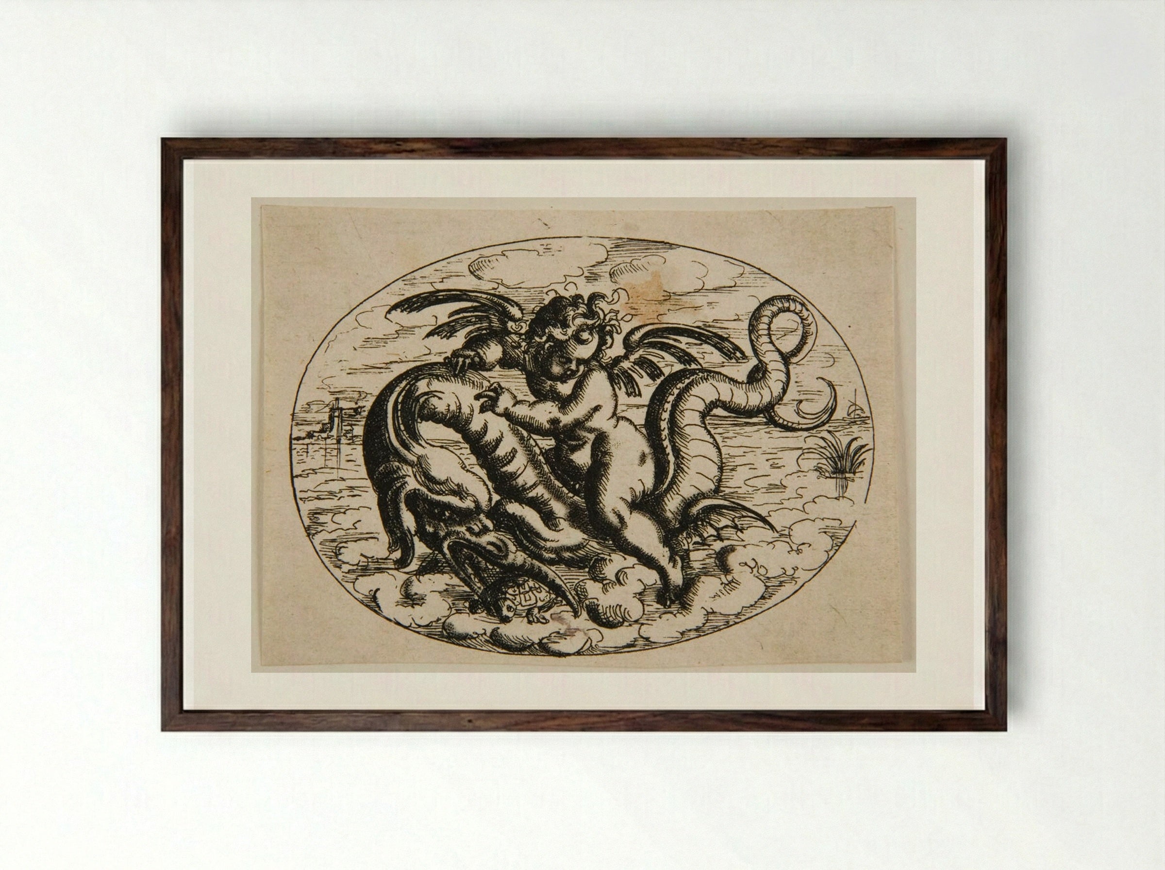 Putto on a Sea Monster - Christoph Jamnitzer - Framed Print Dark Wood