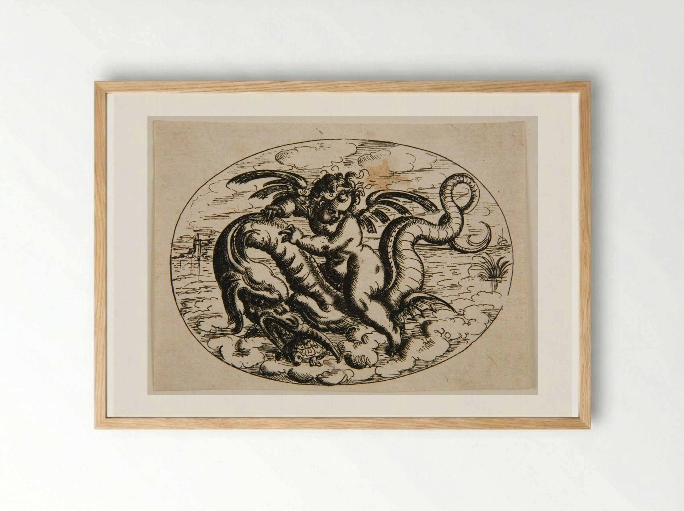 Putto on a Sea Monster - Christoph Jamnitzer - Framed Print Wood