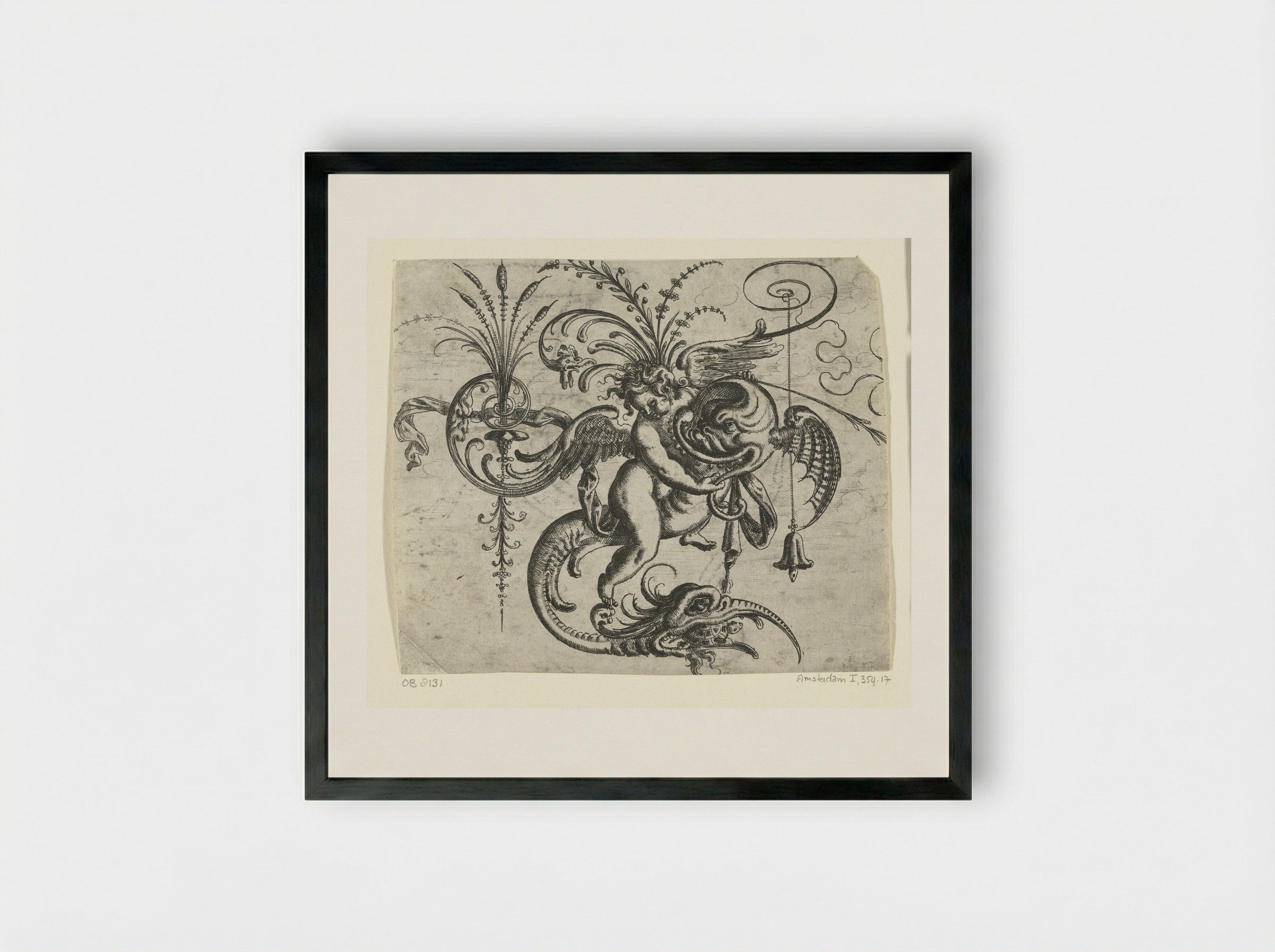 Putto, rijdend op een dolfijn - Christoph Jamnitzer - Framed Print Black