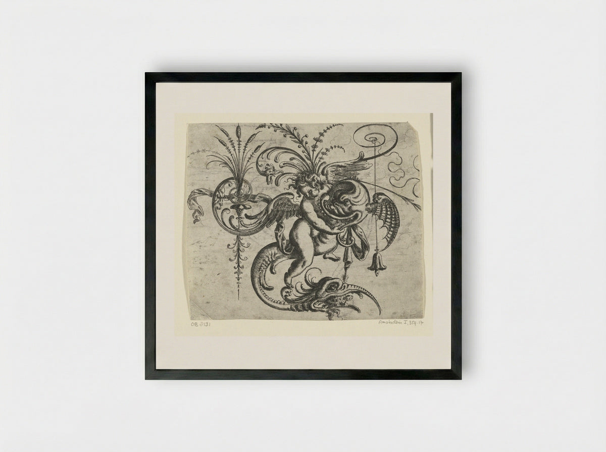 Putto, rijdend op een dolfijn - Christoph Jamnitzer - Framed Print Black