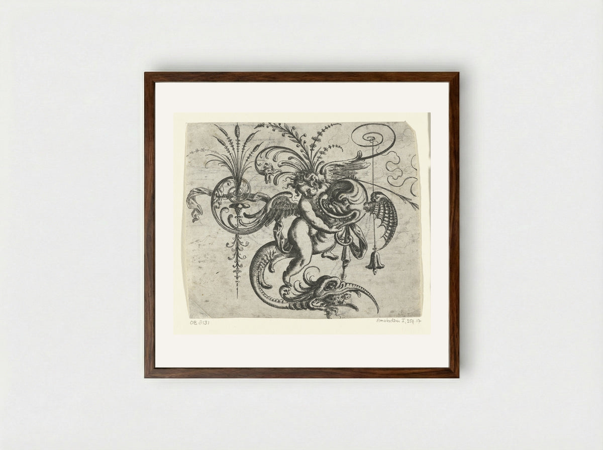 Putto, rijdend op een dolfijn - Christoph Jamnitzer - Framed Print Dark Wood