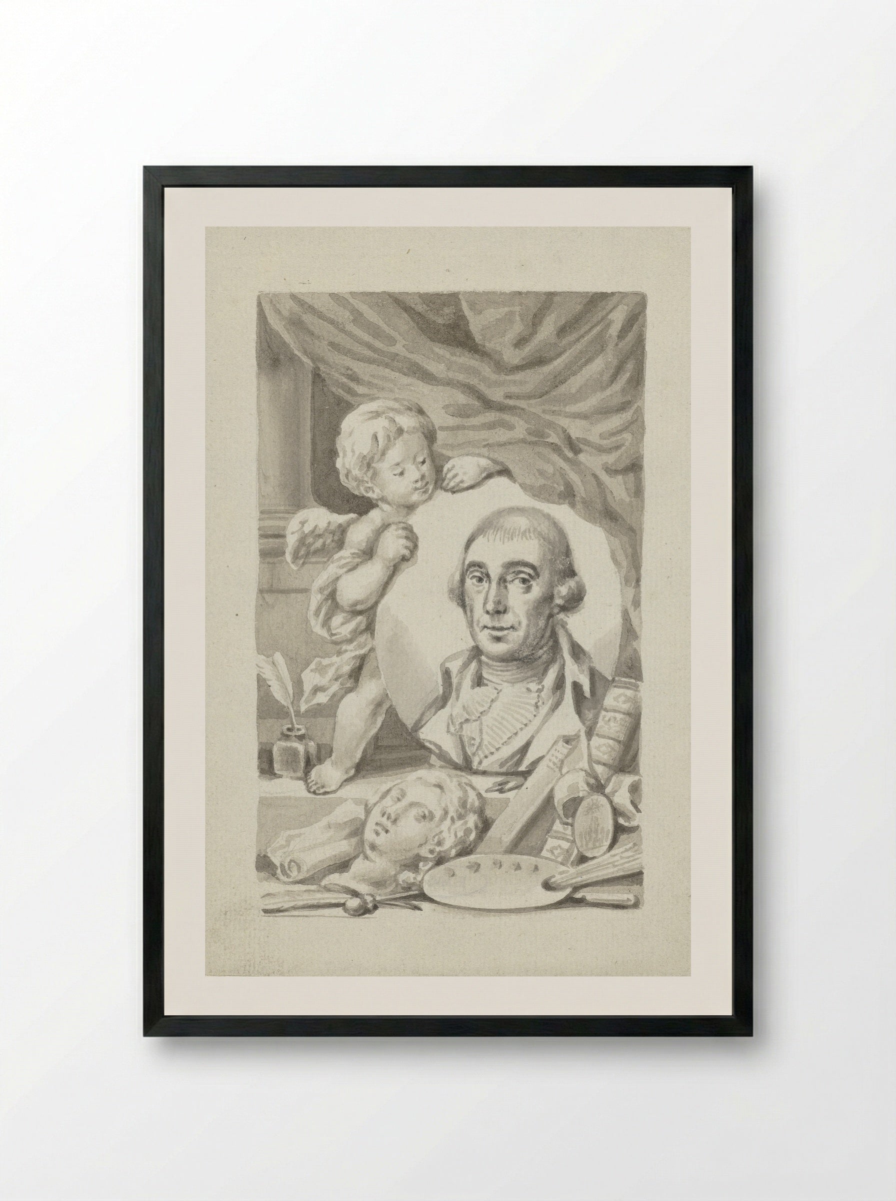 Putto with Portrait Medallion of an Artist - Roeland van Eynden - Framed Print Black