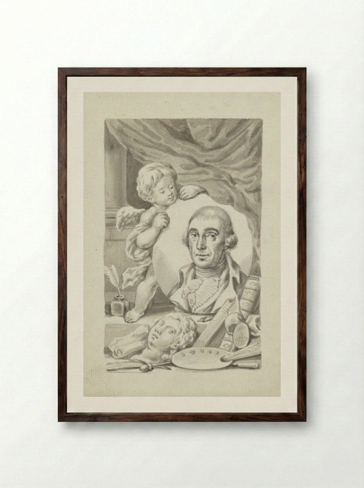 Putto with Portrait Medallion of an Artist - Roeland van Eynden - Framed Print Dark Wood