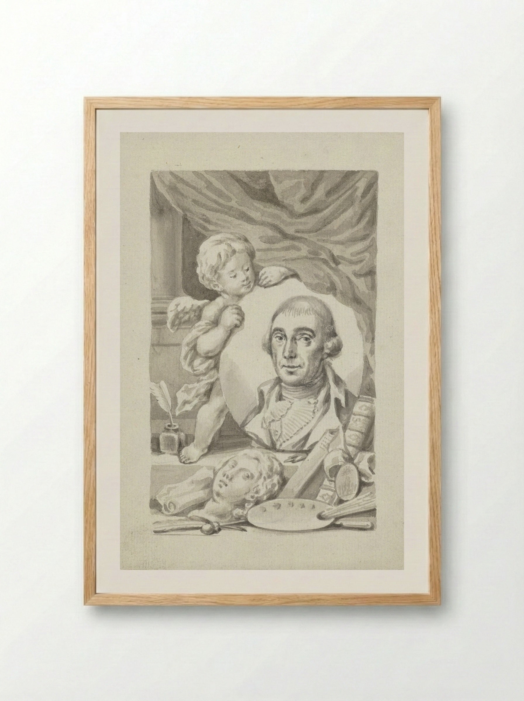 Putto with Portrait Medallion of an Artist - Roeland van Eynden - Framed Print Wood