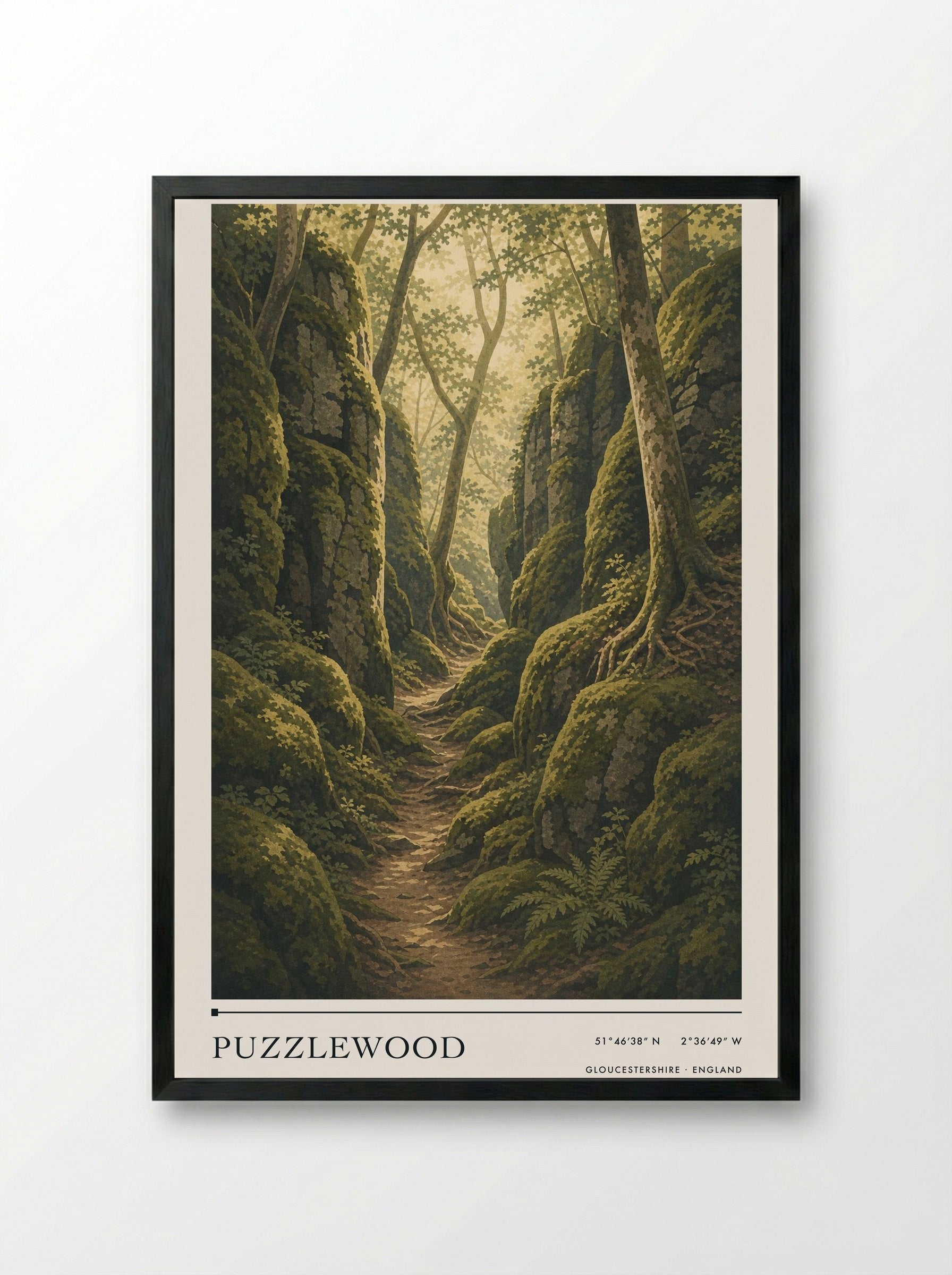 Puzzlewood Gloucestershire England Travel Poster - Framed Print Black