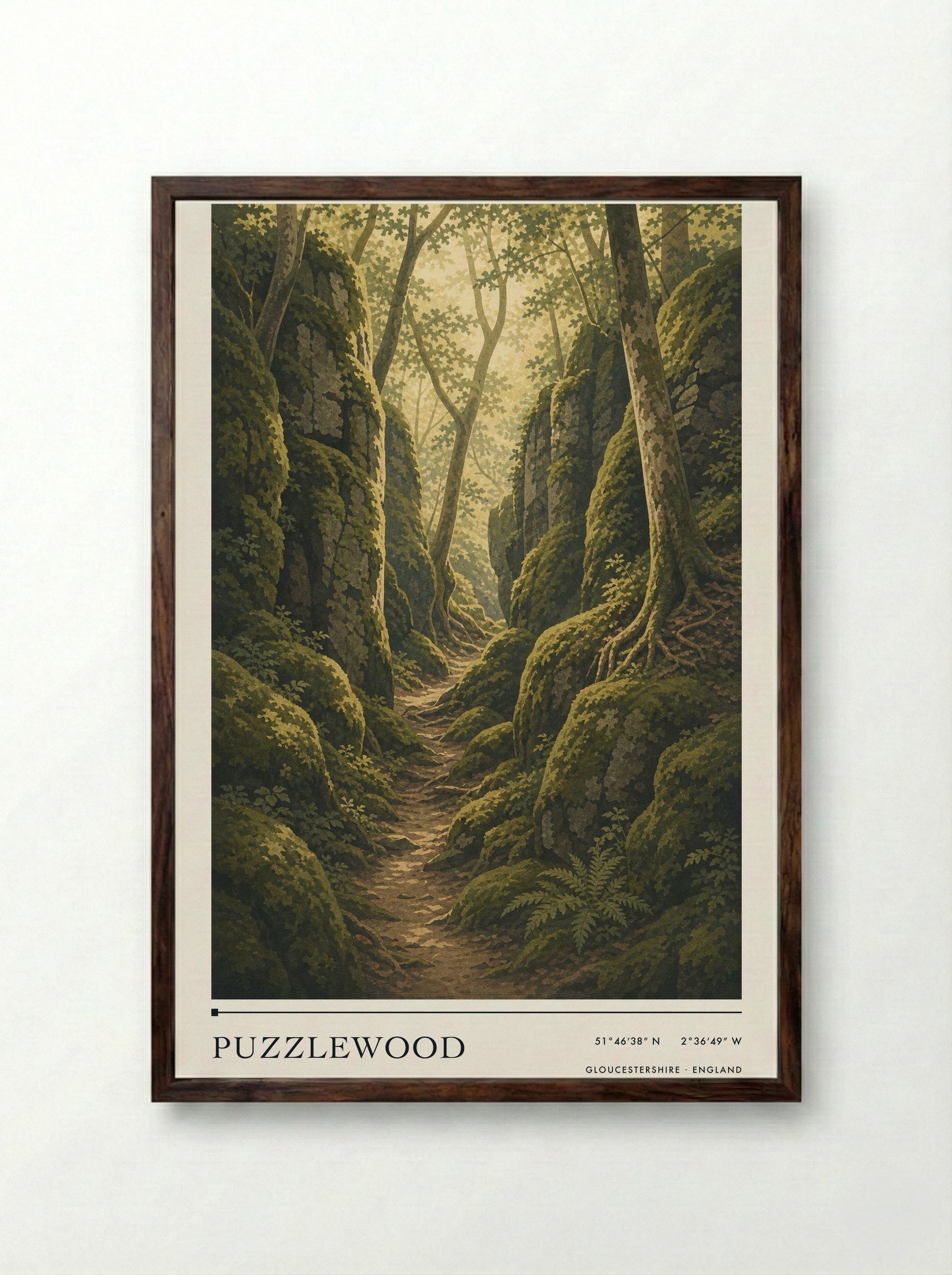 Puzzlewood Gloucestershire England Travel Poster - Framed Print Dark Wood