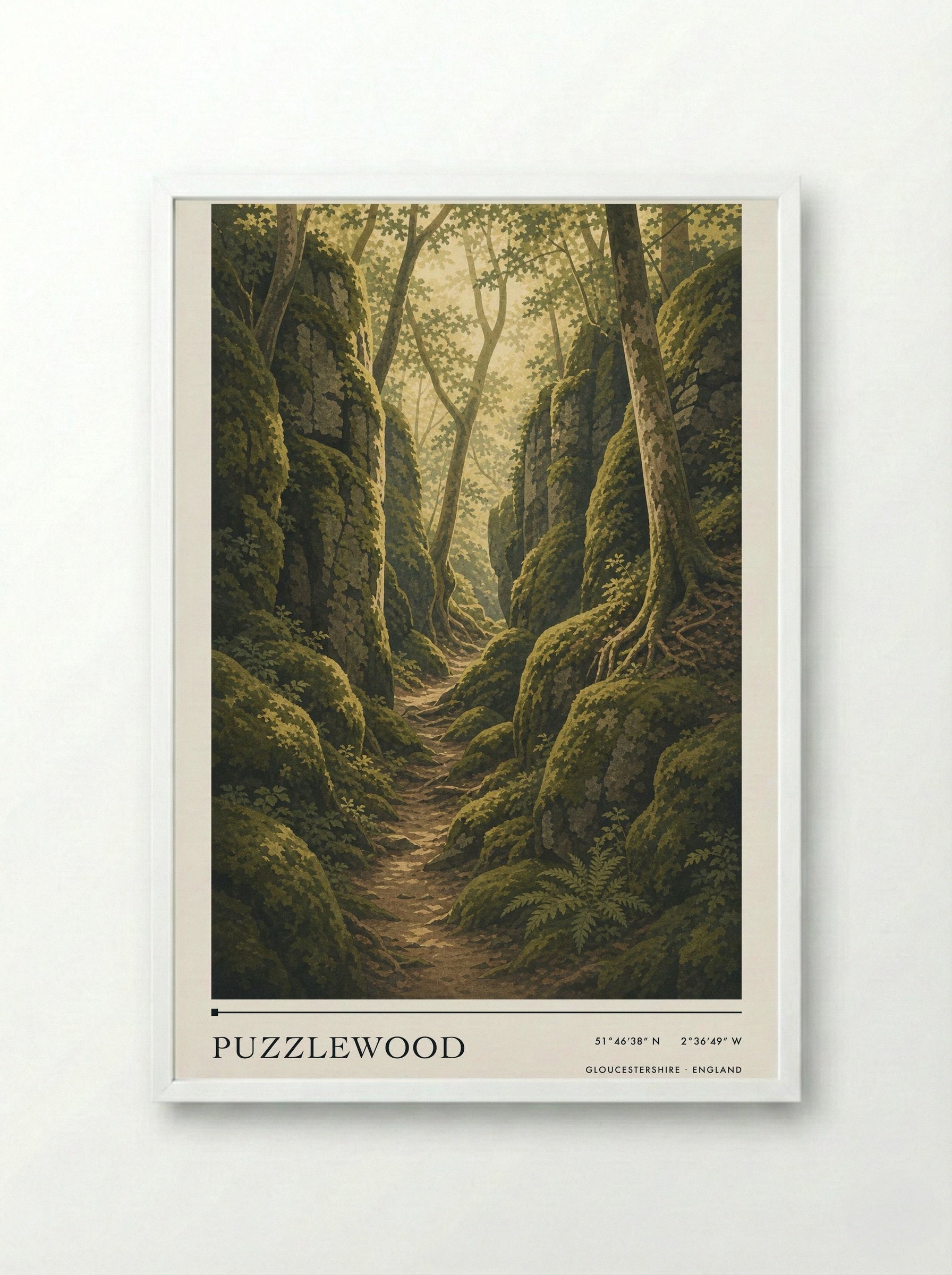 Puzzlewood Gloucestershire England Travel Poster - Framed Print White