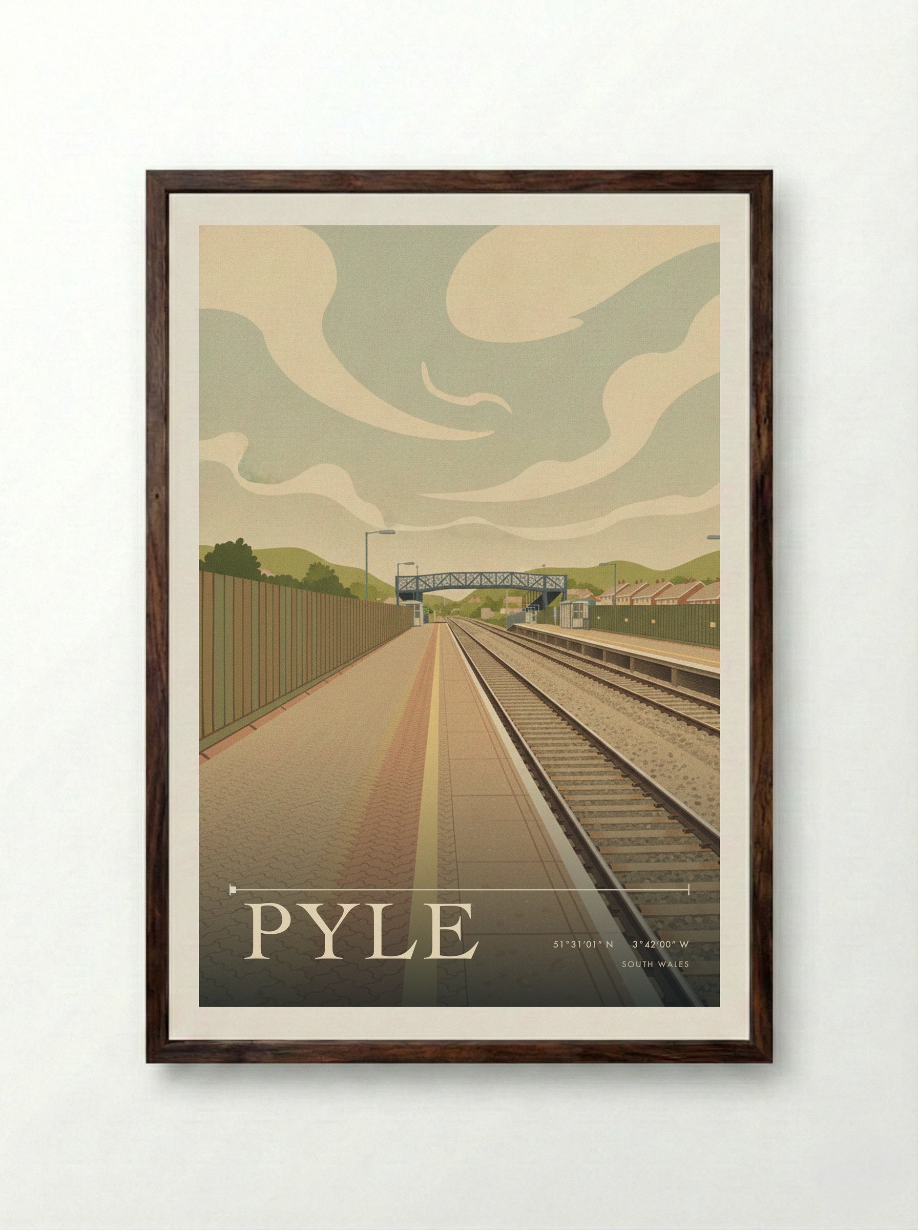 Pyle South Wales Wales Travel Poster - Framed Print Dark Wood