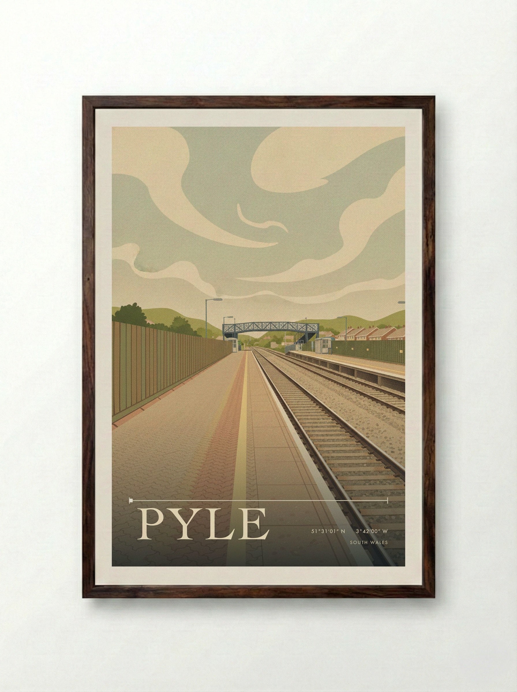 Pyle South Wales Wales Travel Poster - Framed Print Dark Wood