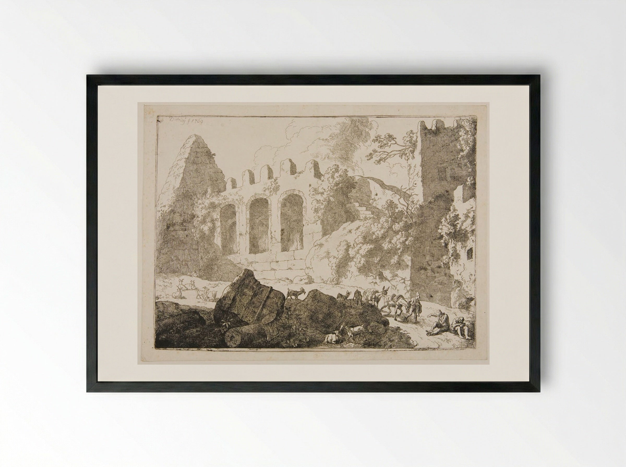Pyramid and Ruins of Ancient Buildings - Christian Wilhelm Ernst Dietrich - Framed Print Black