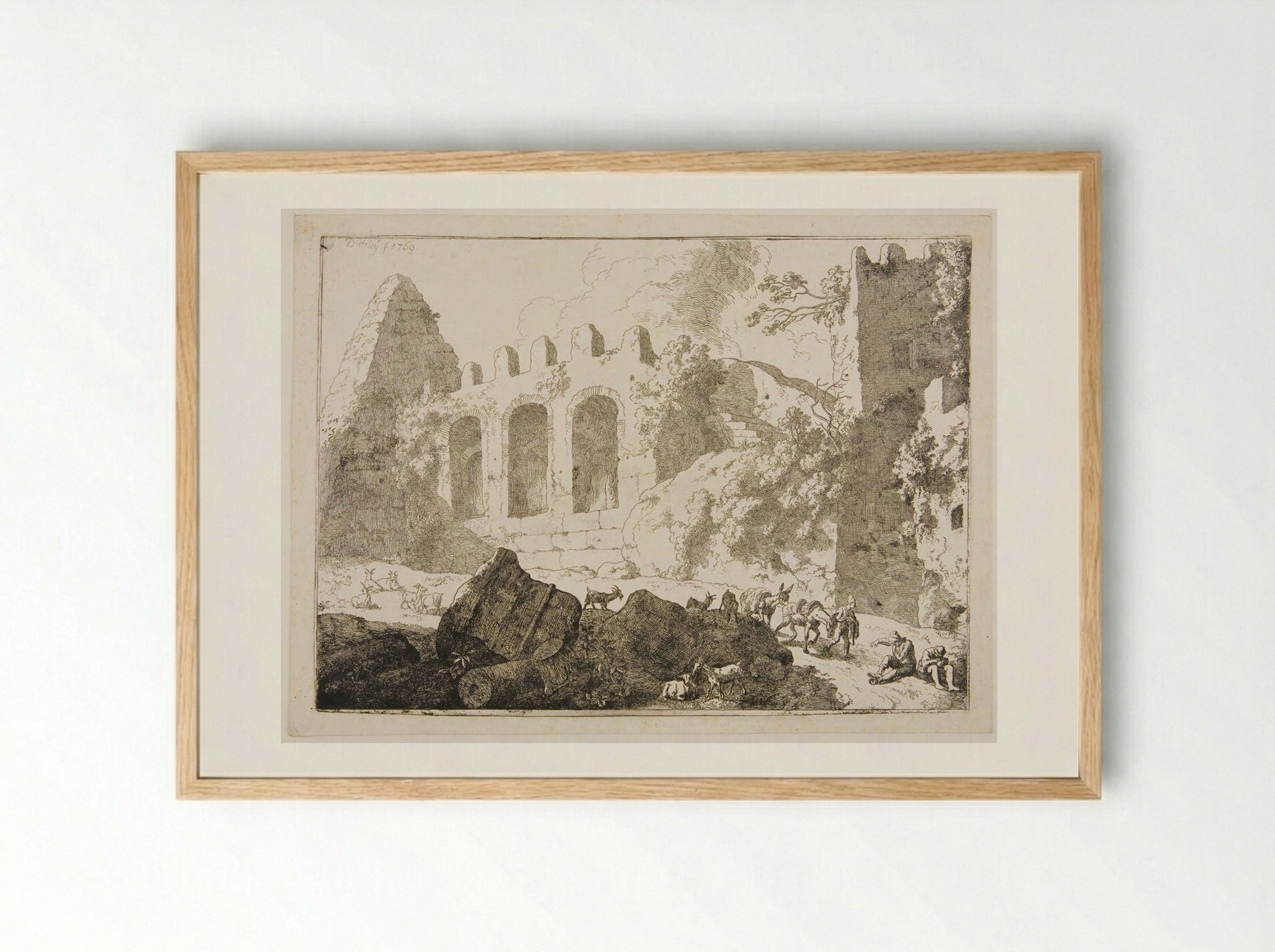 Pyramid and Ruins of Ancient Buildings - Christian Wilhelm Ernst Dietrich - Framed Print Wood