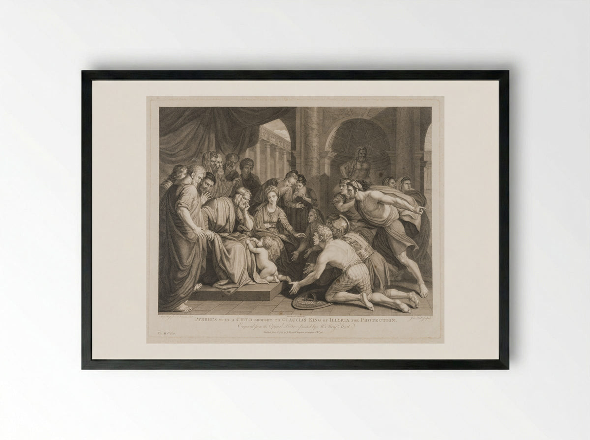 Pyrrhus, when a child, brought to Glaucias, king of Illyria, for protection - John Hall - Framed Print Black