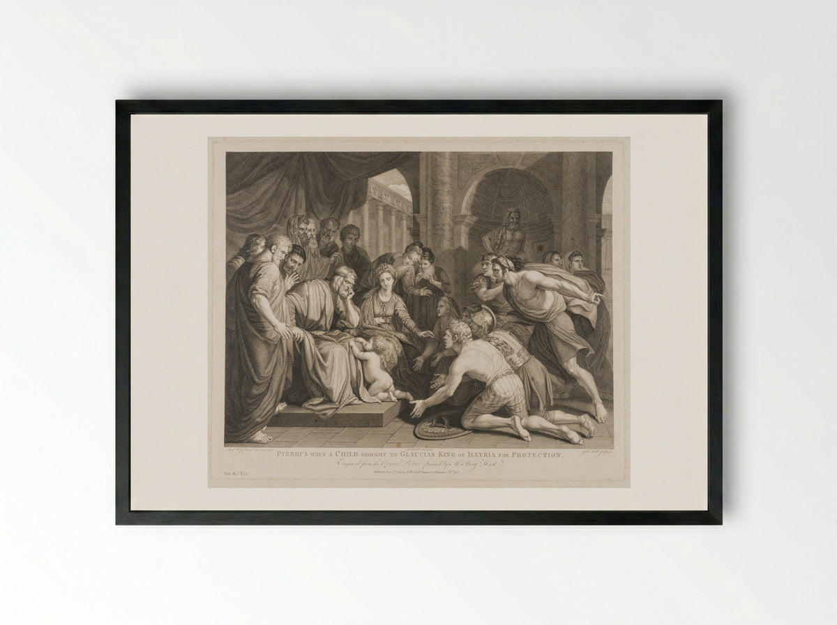 Pyrrhus, when a child, brought to Glaucias, king of Illyria, for protection - John Hall - Framed Print Black