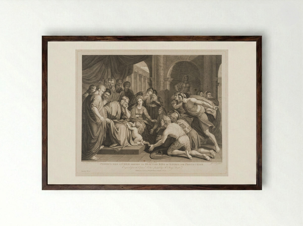 Pyrrhus, when a child, brought to Glaucias, king of Illyria, for protection - John Hall - Framed Print Dark Wood