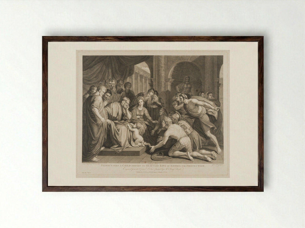 Pyrrhus, when a child, brought to Glaucias, king of Illyria, for protection - John Hall - Framed Print Dark Wood