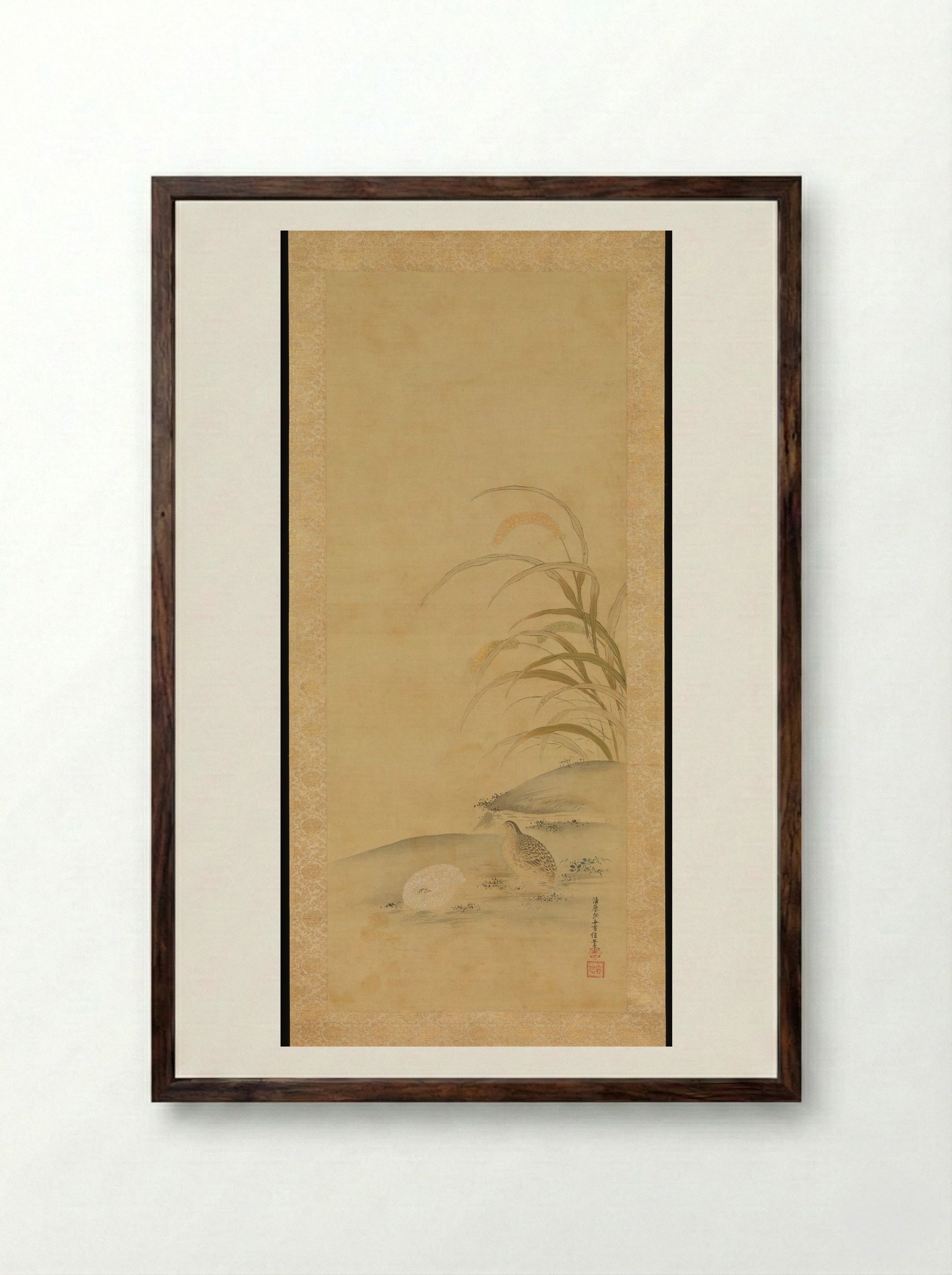 Quail and Millet - Kiyohara Yukinobu - Framed Print Dark Wood