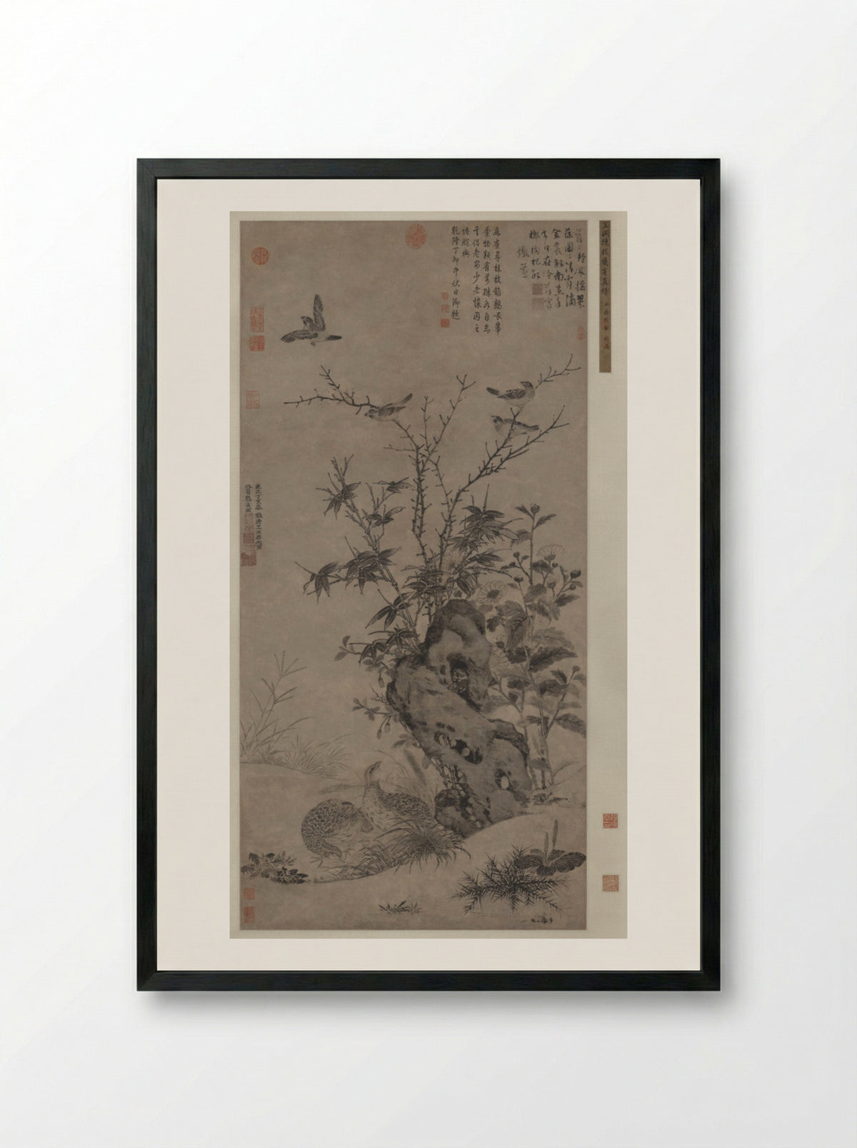 Quails and Sparrows in an Autumn Scene - Wang Yuan - Framed Print Black