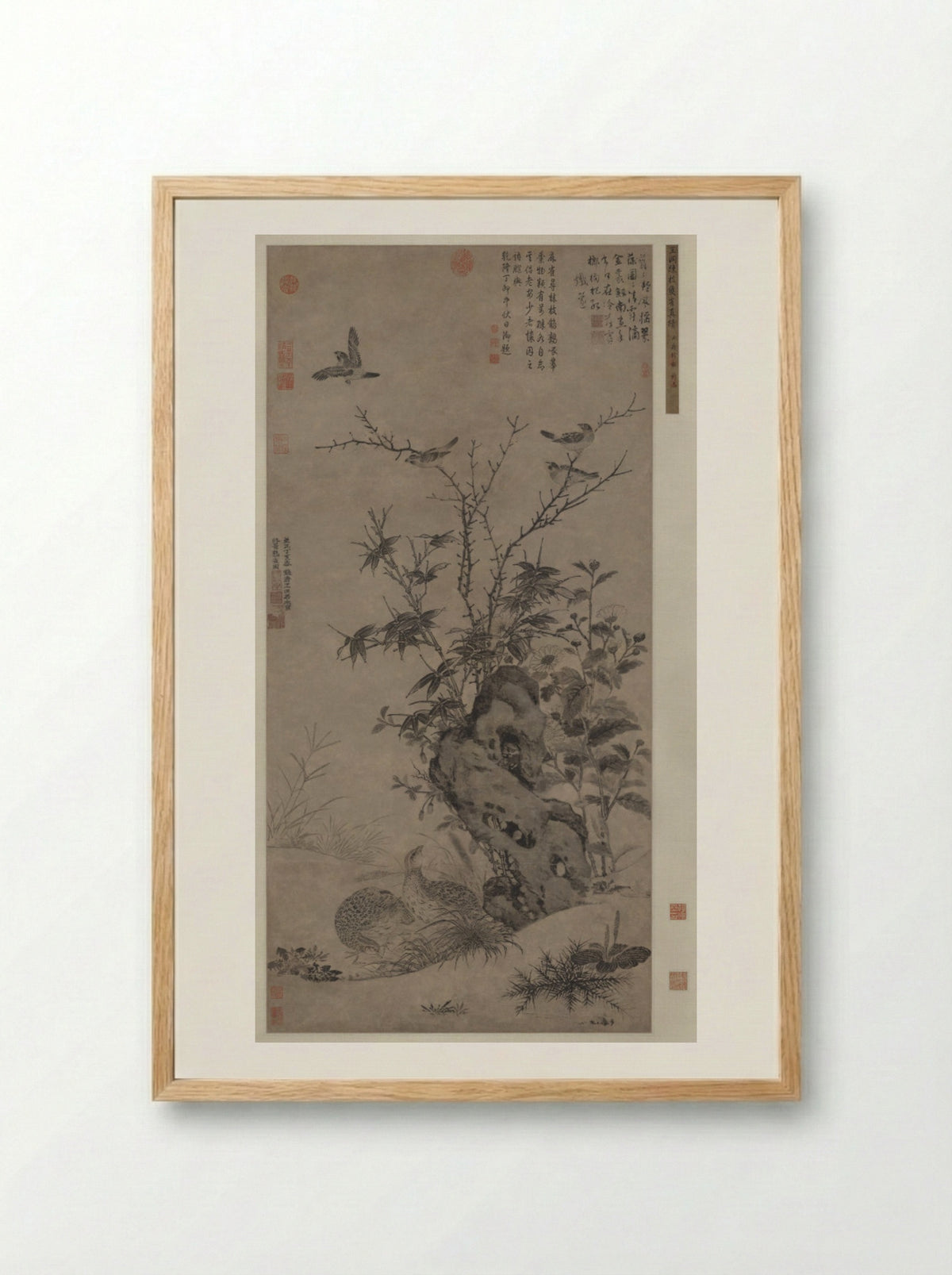 Quails and Sparrows in an Autumn Scene - Wang Yuan - Framed Print Wood