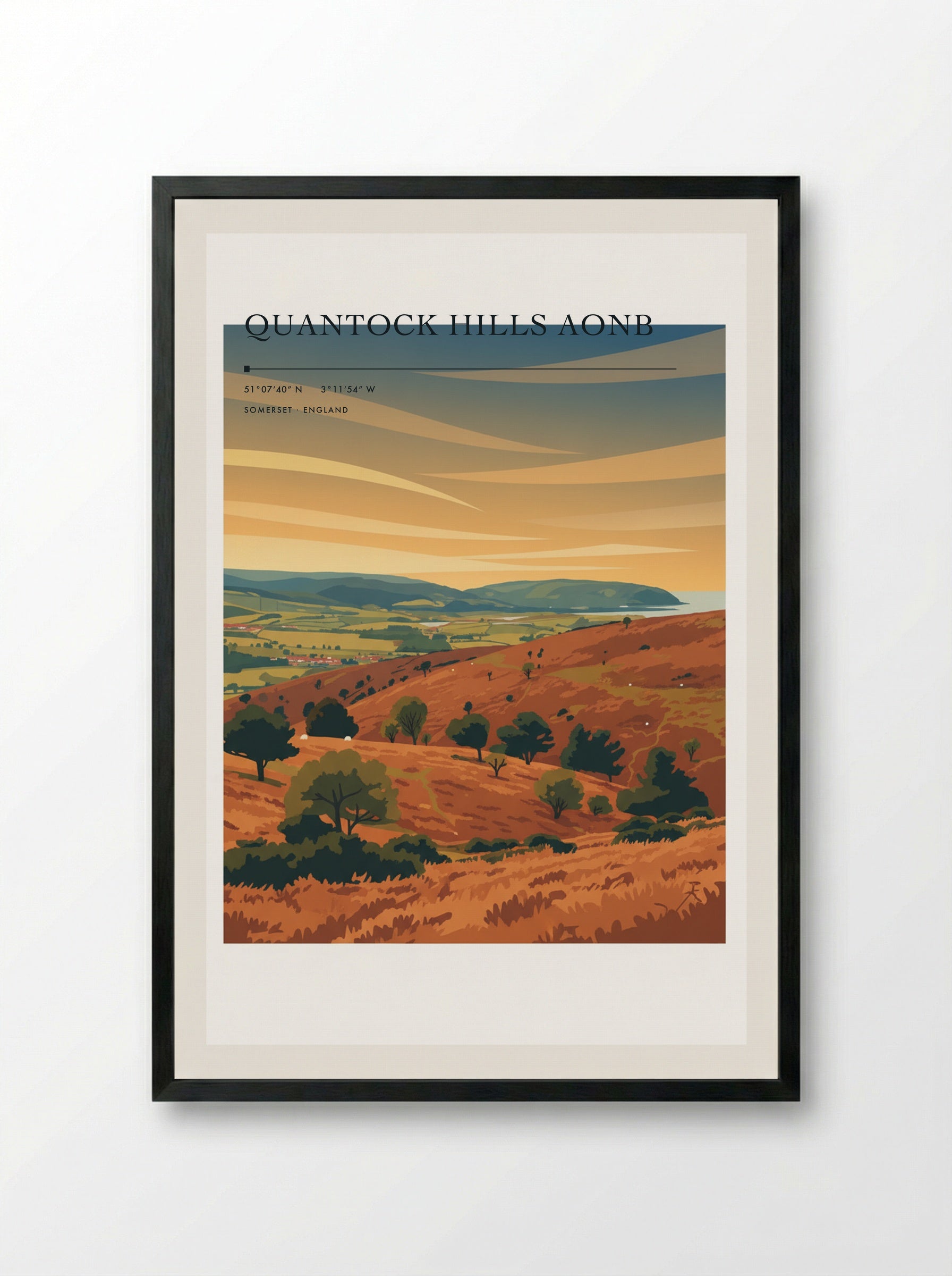 Quantock Hills AONB Somerset England Travel Poster - Framed Print Black