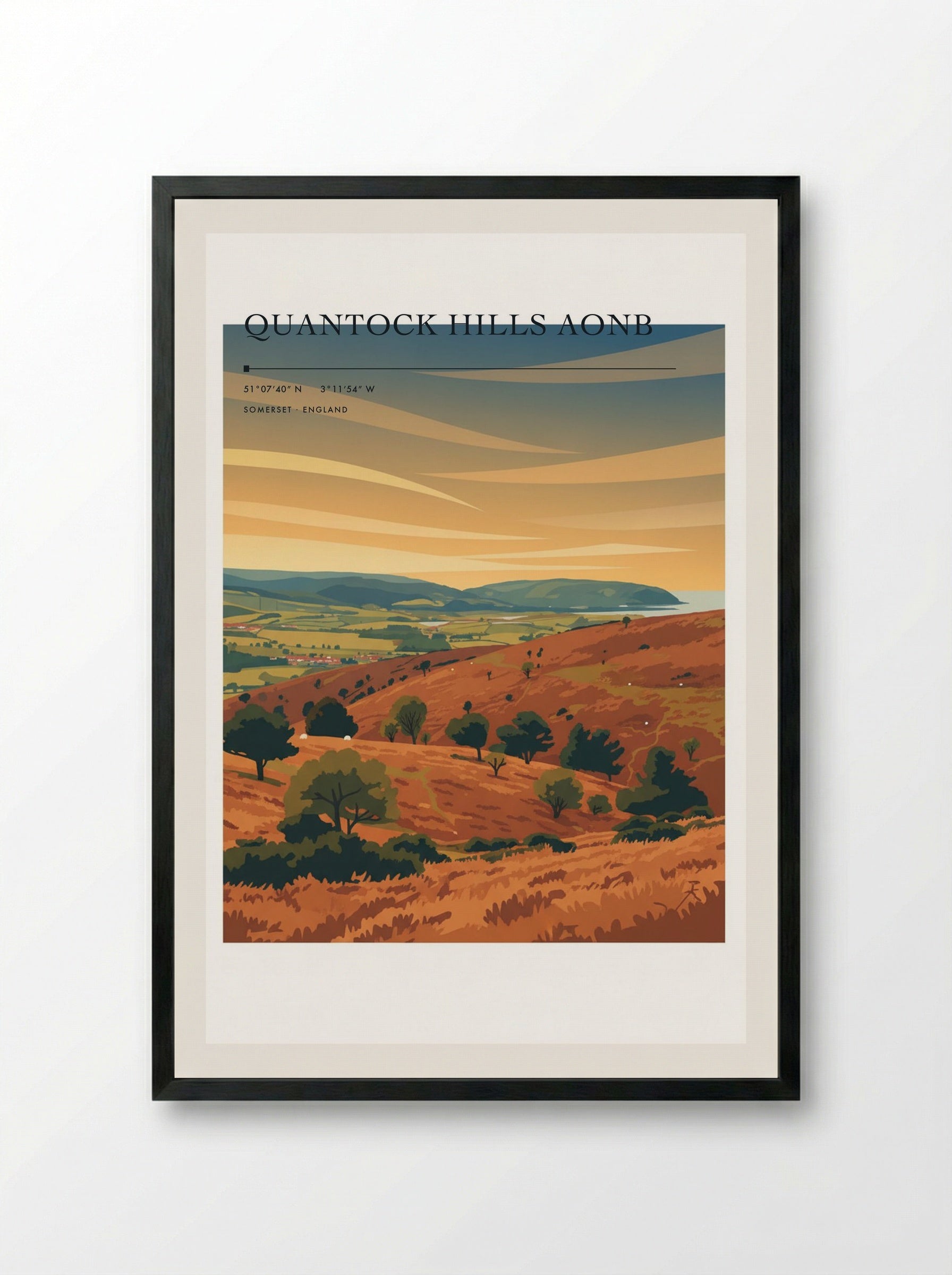 Quantock Hills AONB Somerset England Travel Poster - Framed Print Black