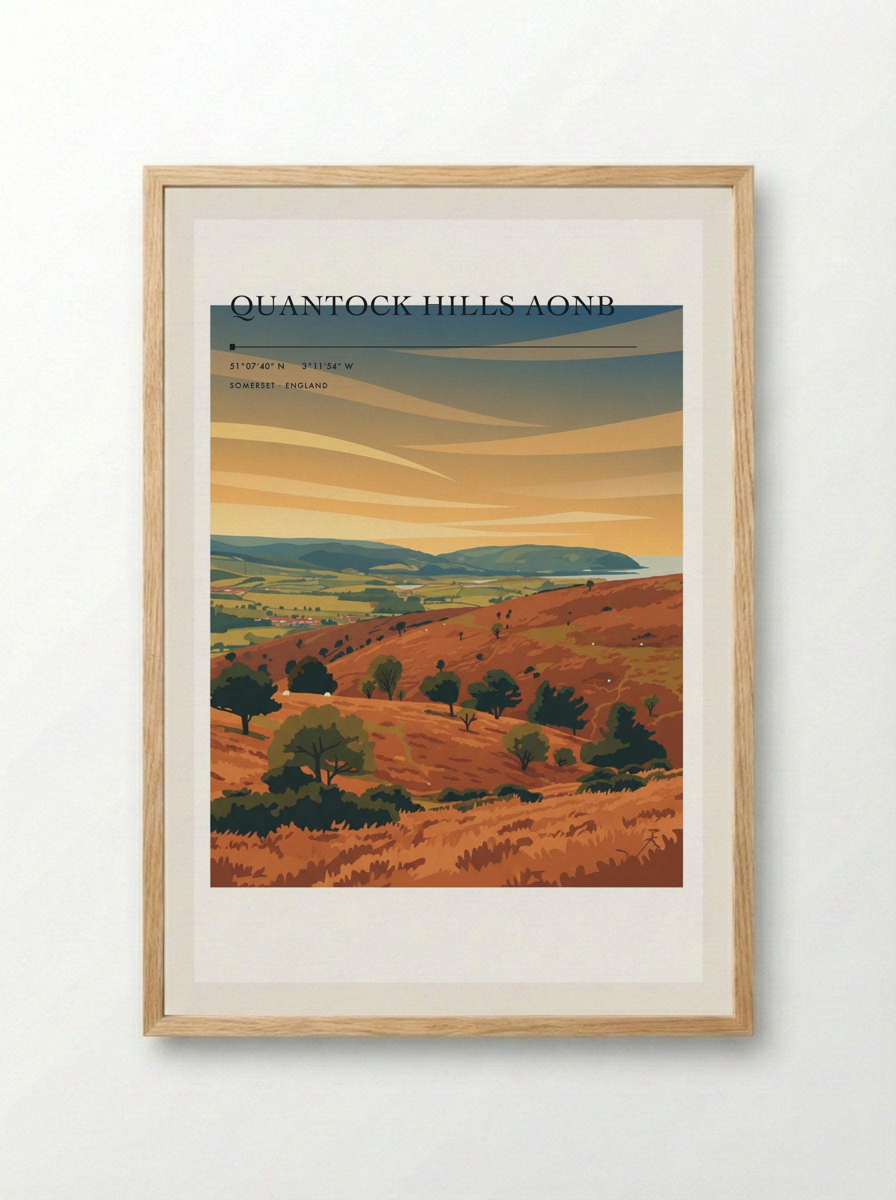 Quantock Hills AONB Somerset England Travel Poster - Framed Print Wood