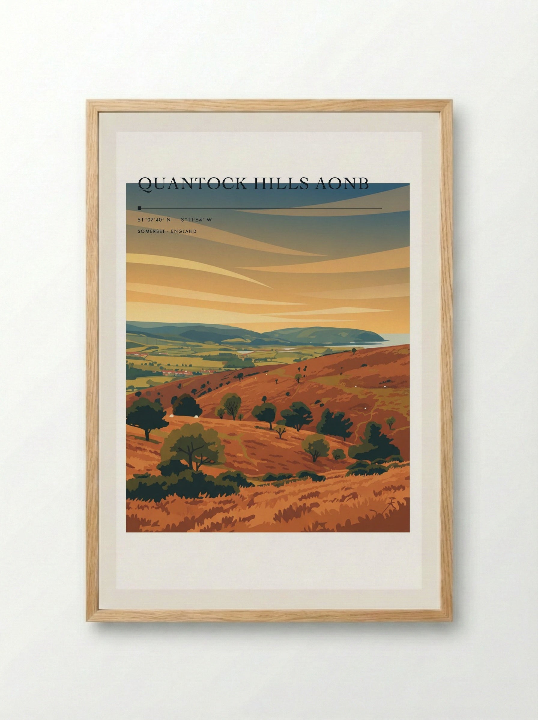 Quantock Hills AONB Somerset England Travel Poster - Framed Print Wood