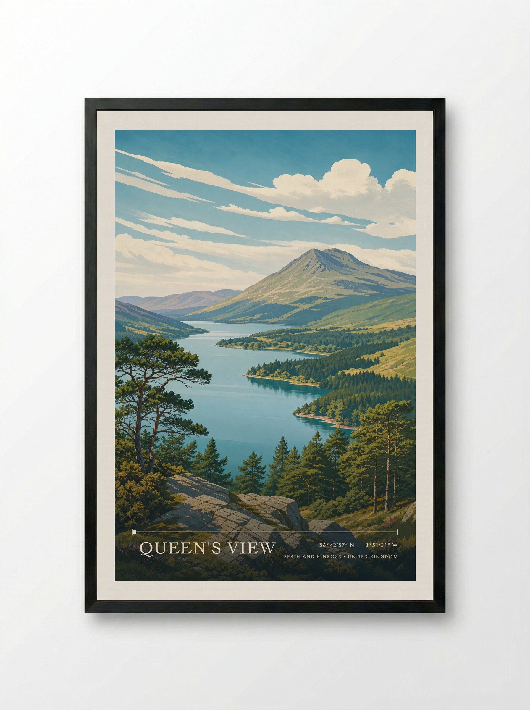 Queen's View Perth and Kinross United Kingdom Travel Poster - Framed Print Black