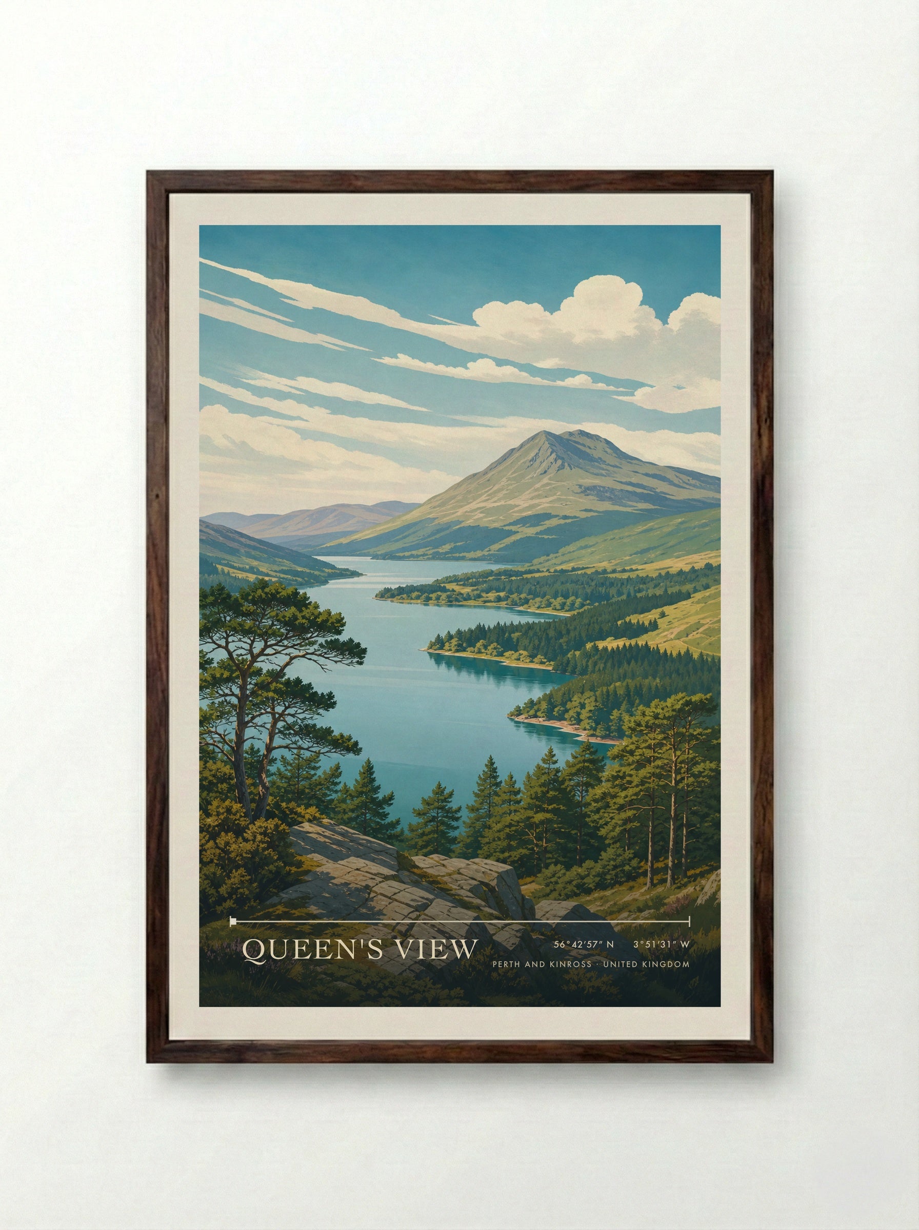 Queen's View Perth and Kinross United Kingdom Travel Poster - Framed Print Dark Wood