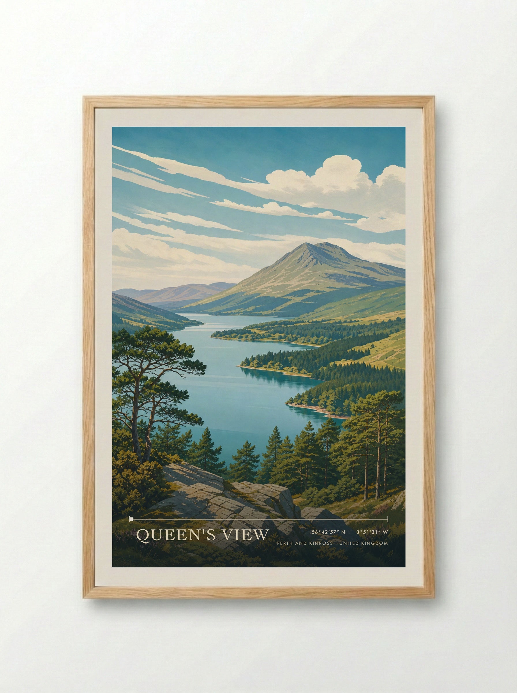 Queen's View Perth and Kinross United Kingdom Travel Poster - Framed Print Wood