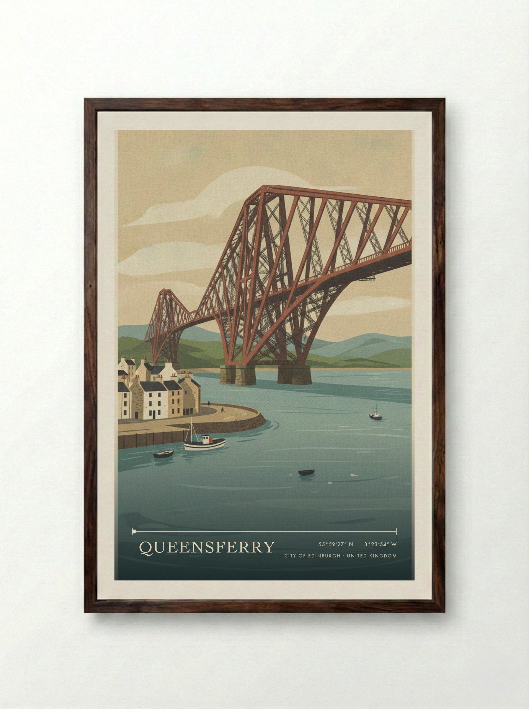 Queensferry City of Edinburgh United Kingdom Travel Poster - Framed Print Dark Wood