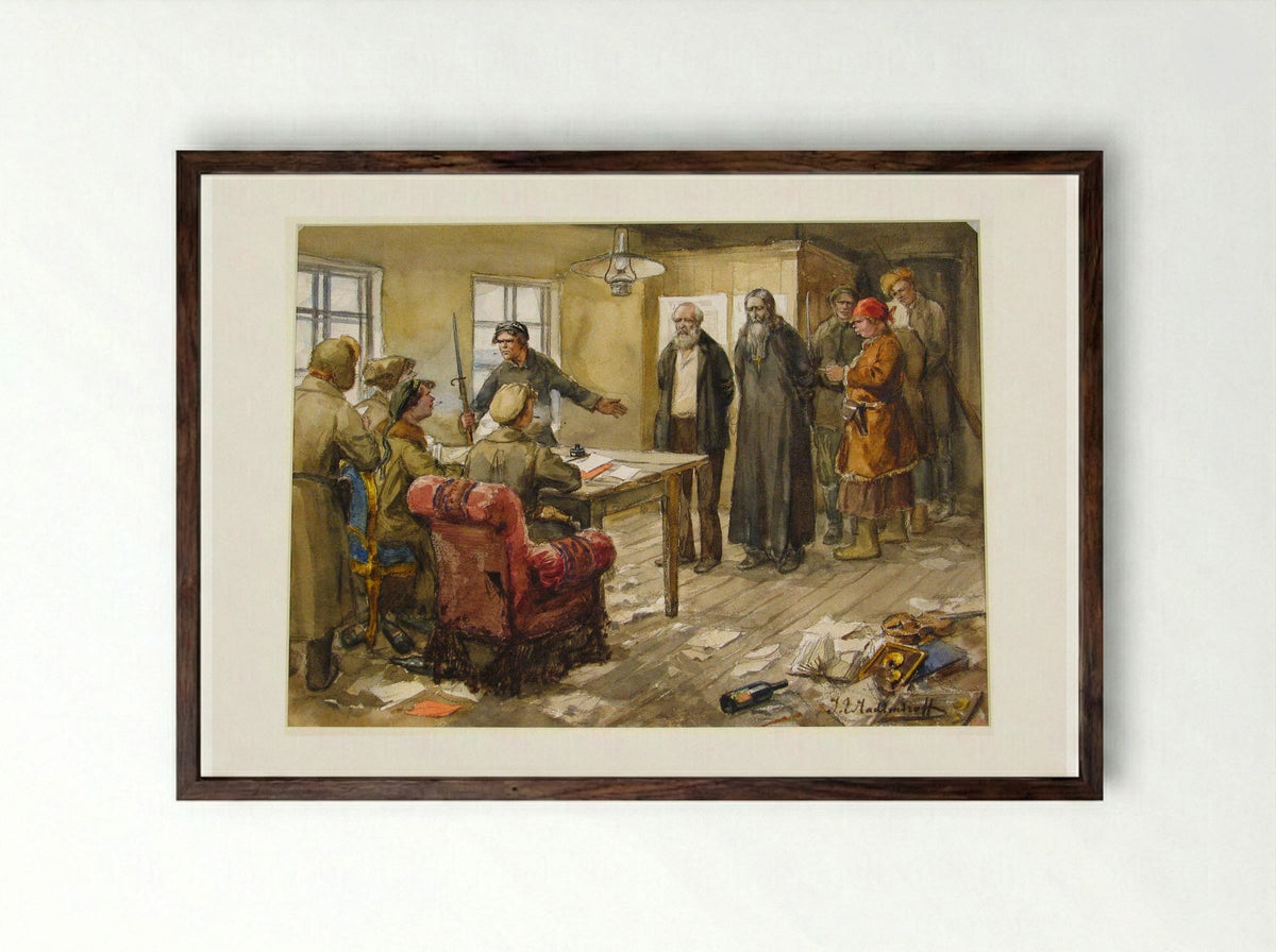 Questioning in the Committee of the Poor - Ivan Vladimirov - Framed Print Dark Wood