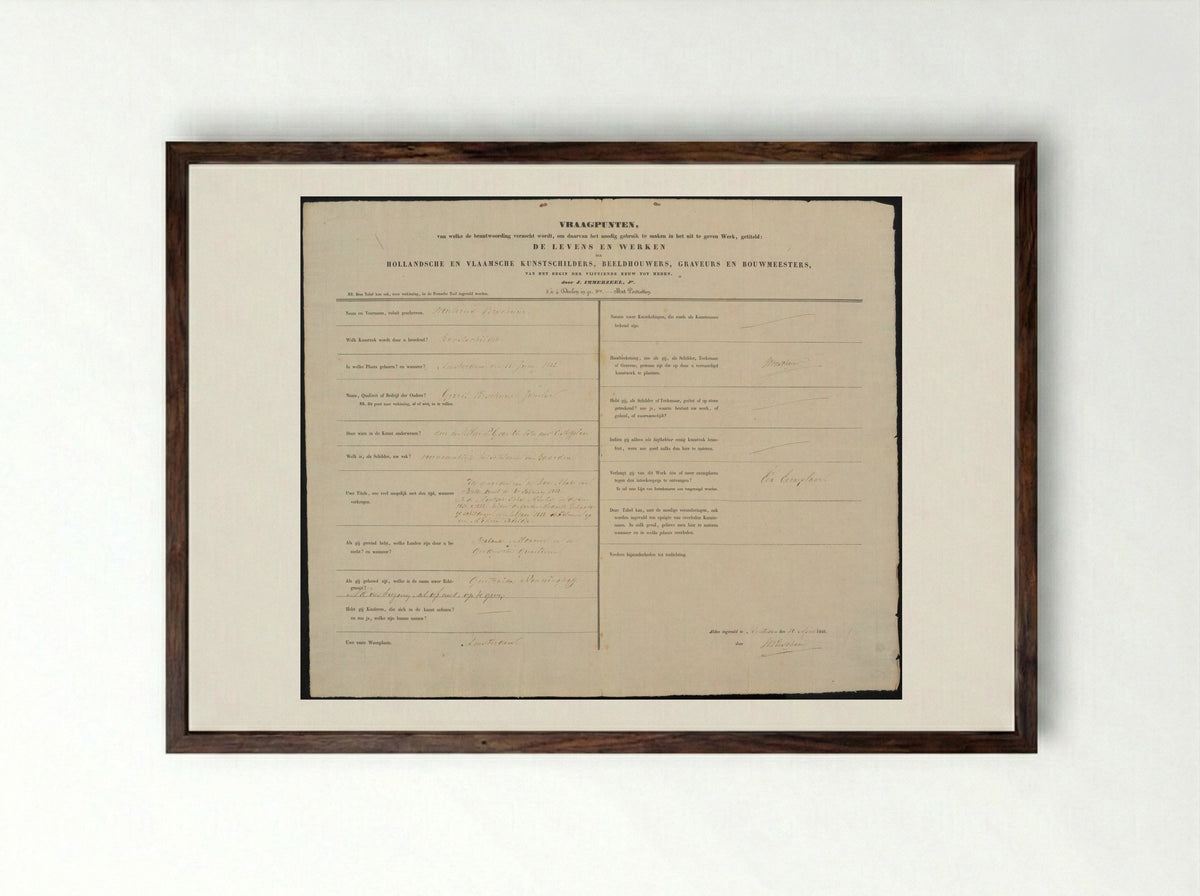 Questionnaire for the Biographical Dictionary of Artists - Wouter Verschuur - Framed Print Dark Wood
