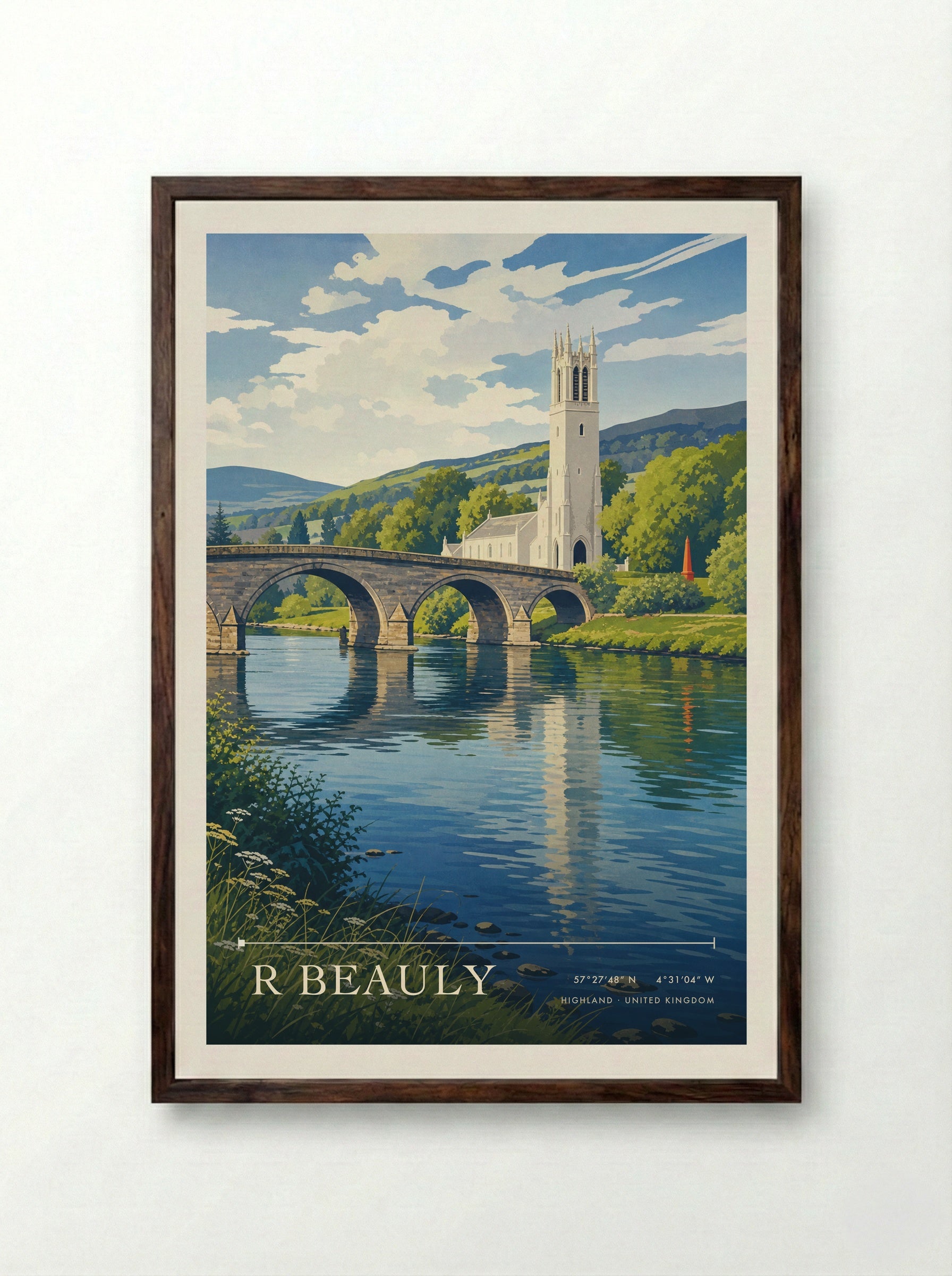 R Beauly Highland United Kingdom Travel Poster - Framed Print Dark Wood