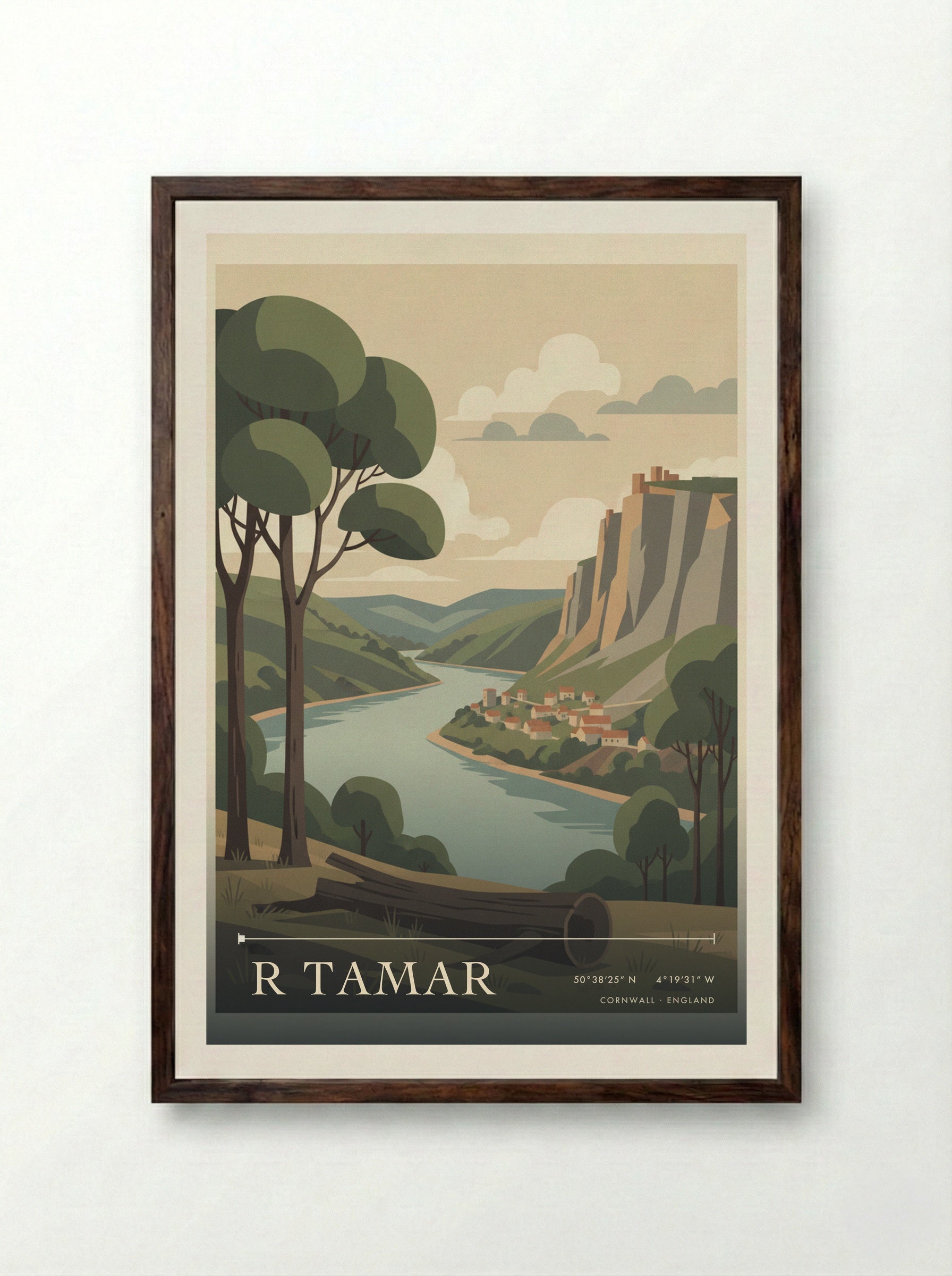 R Tamar Cornwall England Travel Poster - Framed Print Dark Wood