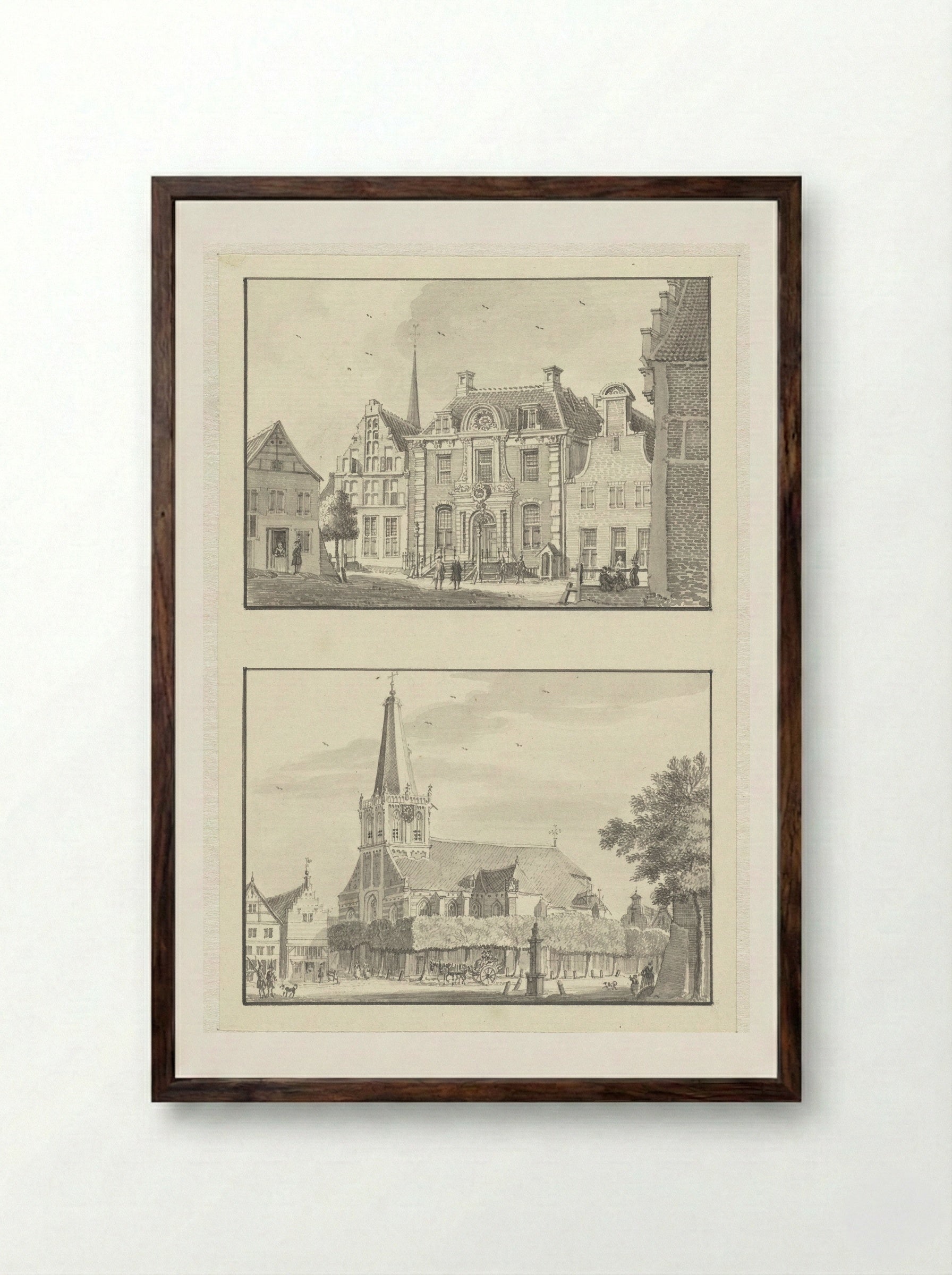 Raadhuis en kerk in Doetinchem - Jan de Beijer - Framed Print Dark Wood