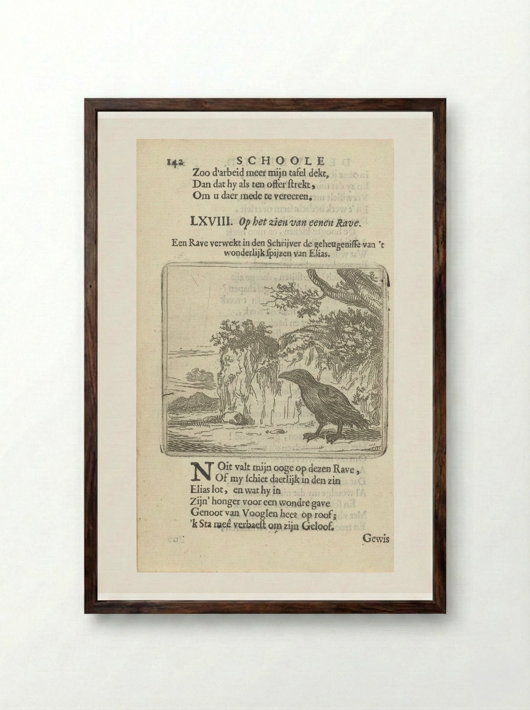 Raaf in een landschap - Arnold Houbraken - Framed Print Dark Wood