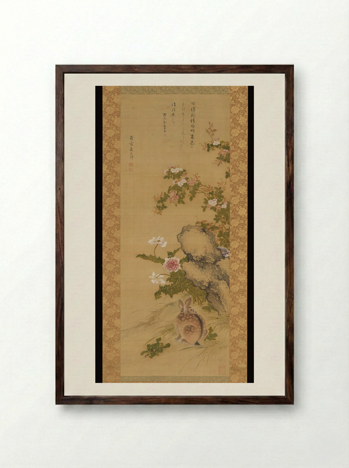 Rabbit and Roses - Mori Ransai - Framed Print Dark Wood