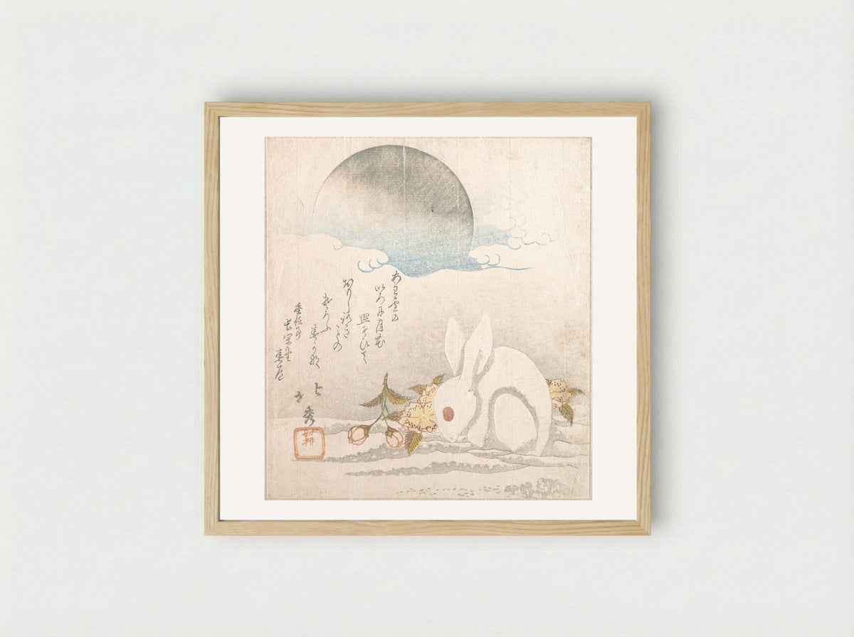 Rabbit in the Snow beneath the Moon - Katsushika Hokushū - Framed Print Wood