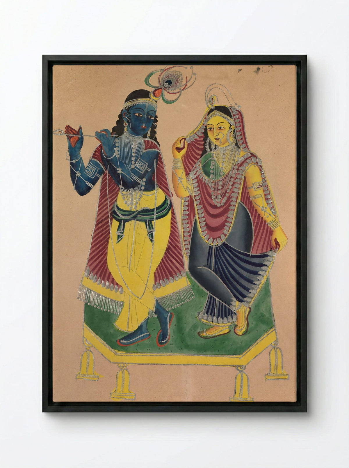 Radha and Krishna - Kalighat School - Framed Canvas Black