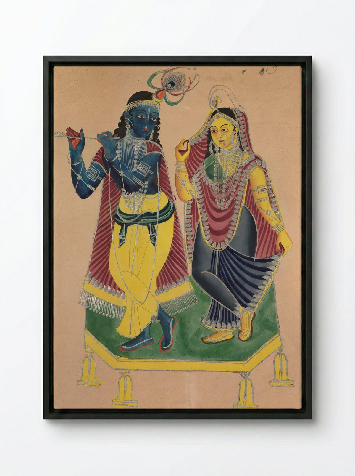 Radha and Krishna - Kalighat School - Framed Canvas Black